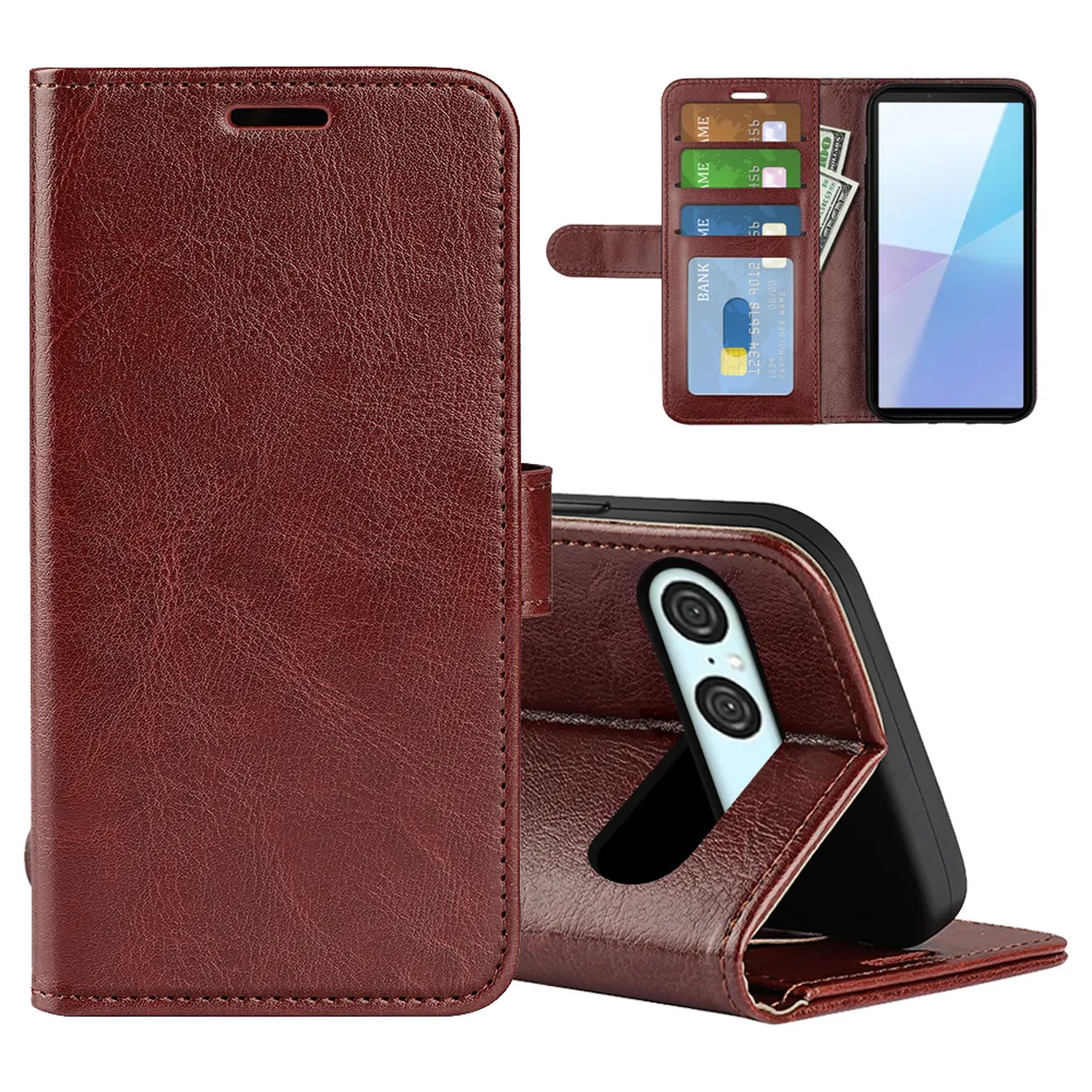 Un étui de téléphone en cuir marron avec un téléphone, des cartes et de l'argent à l'intérieur. L'étui est ouvert et un téléphone est soutenu.