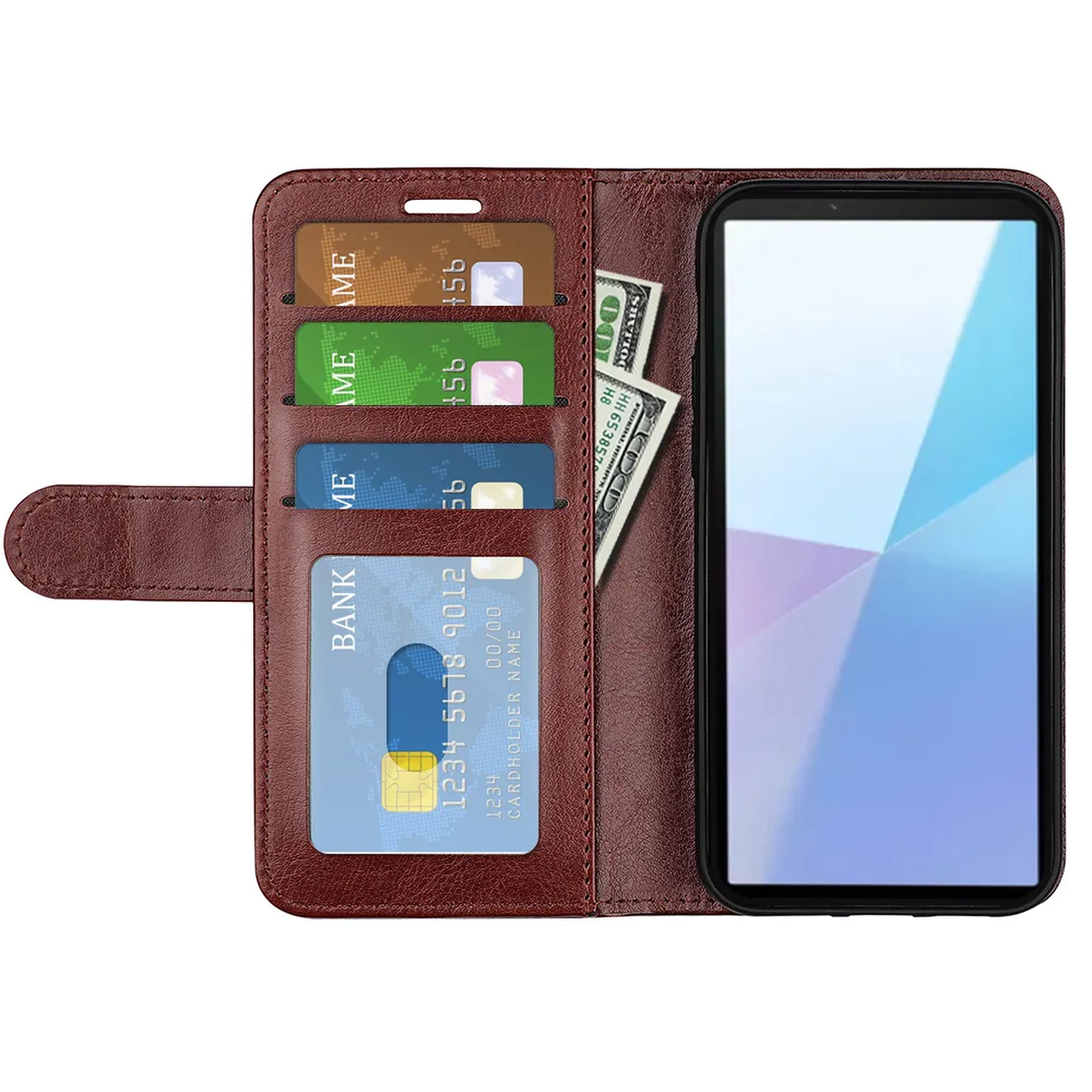Un étui de téléphone marron avec des cartes et de l'argent. Un smartphone est à droite. Cartes dans les poches latérales gauches.