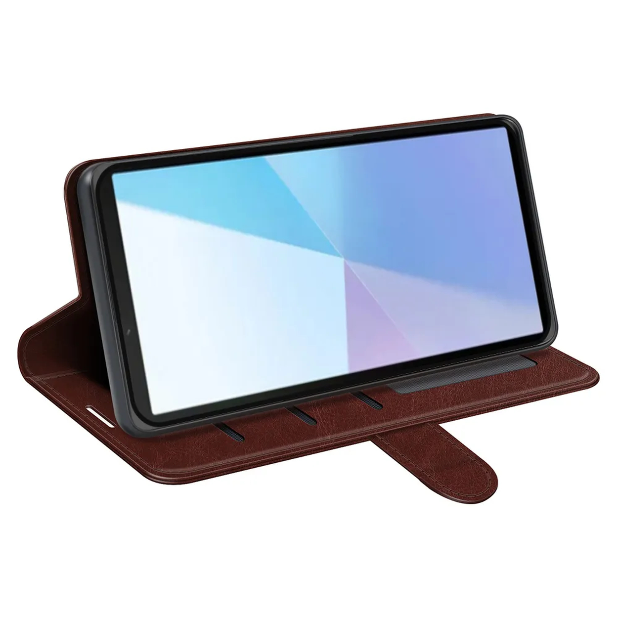 Une tablette dans un étui en cuir marron. L'écran affiche un dégradé bleu et violet. L'étui est ouvert, montrant des fentes.
