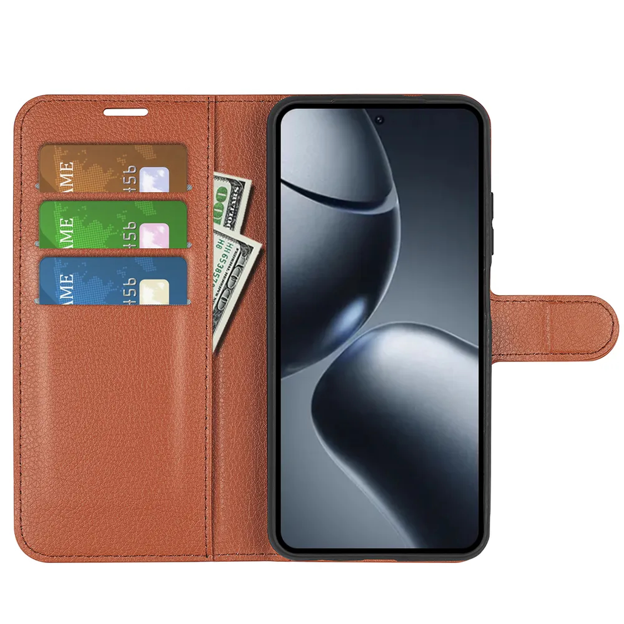 Een bruine leren telefoonhoes met een telefoon erin. Er zitten creditcards en een biljet van 100 dollar in de hoes.