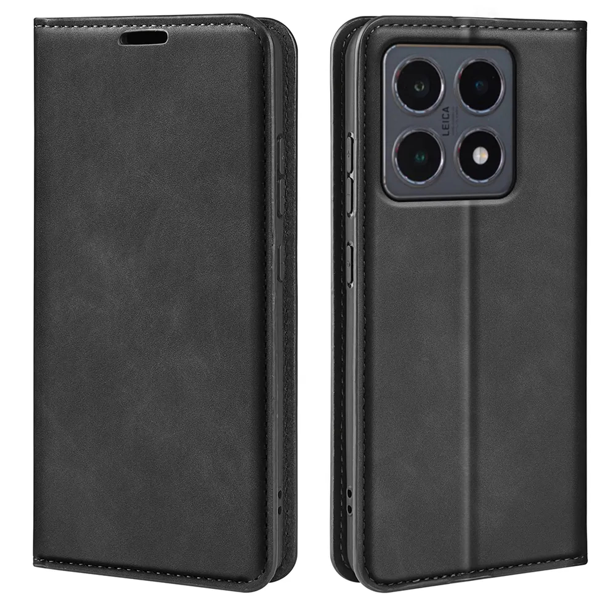 Zwarte leren telefoonhoes, met een Leica-camera, open om de telefoon te laten zien. De hoes is rondom gestikt.