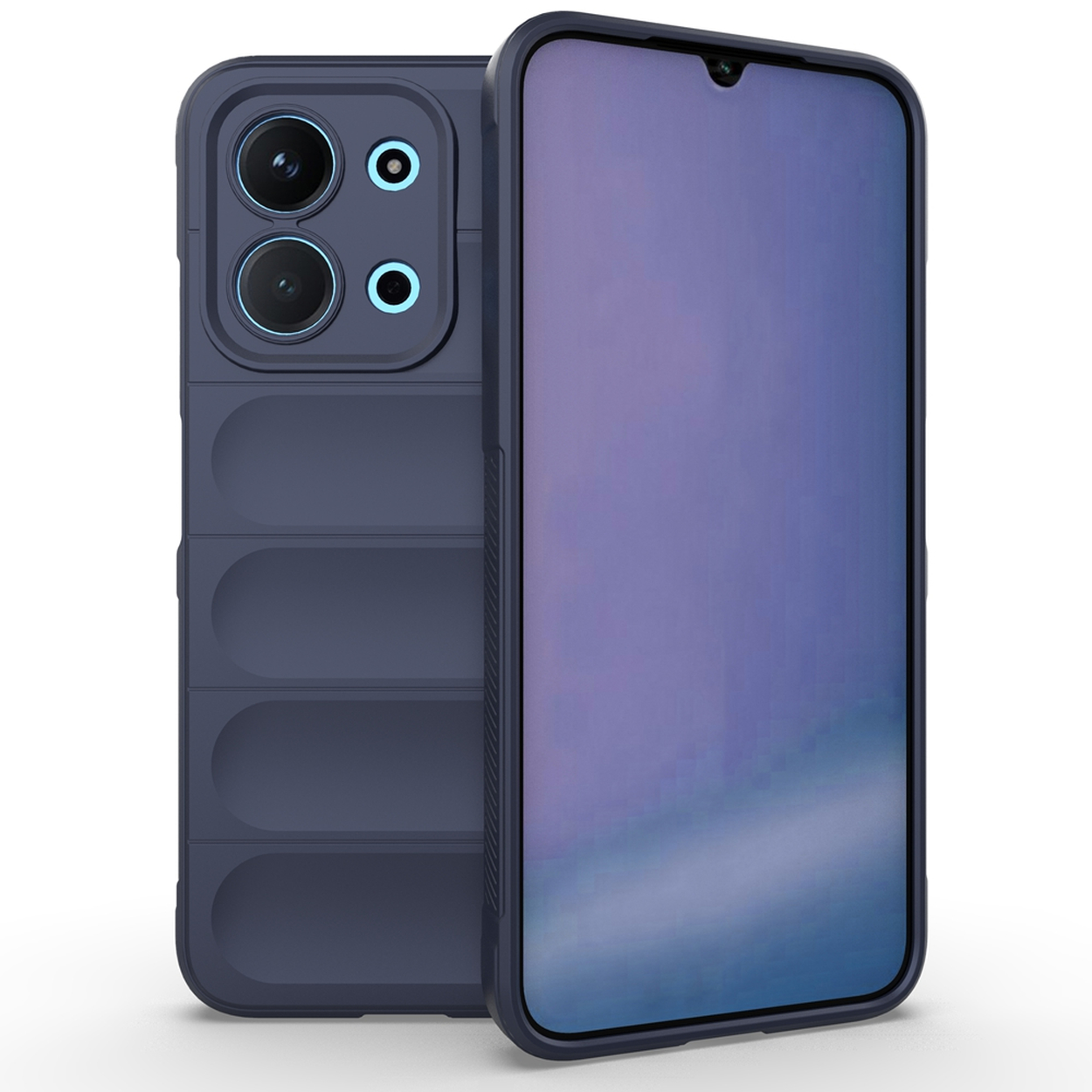 Un téléphone bleu foncé avec une coque de protection est montré. La coque a un dos texturé et des découpes pour l'appareil photo. L'écran est allumé.