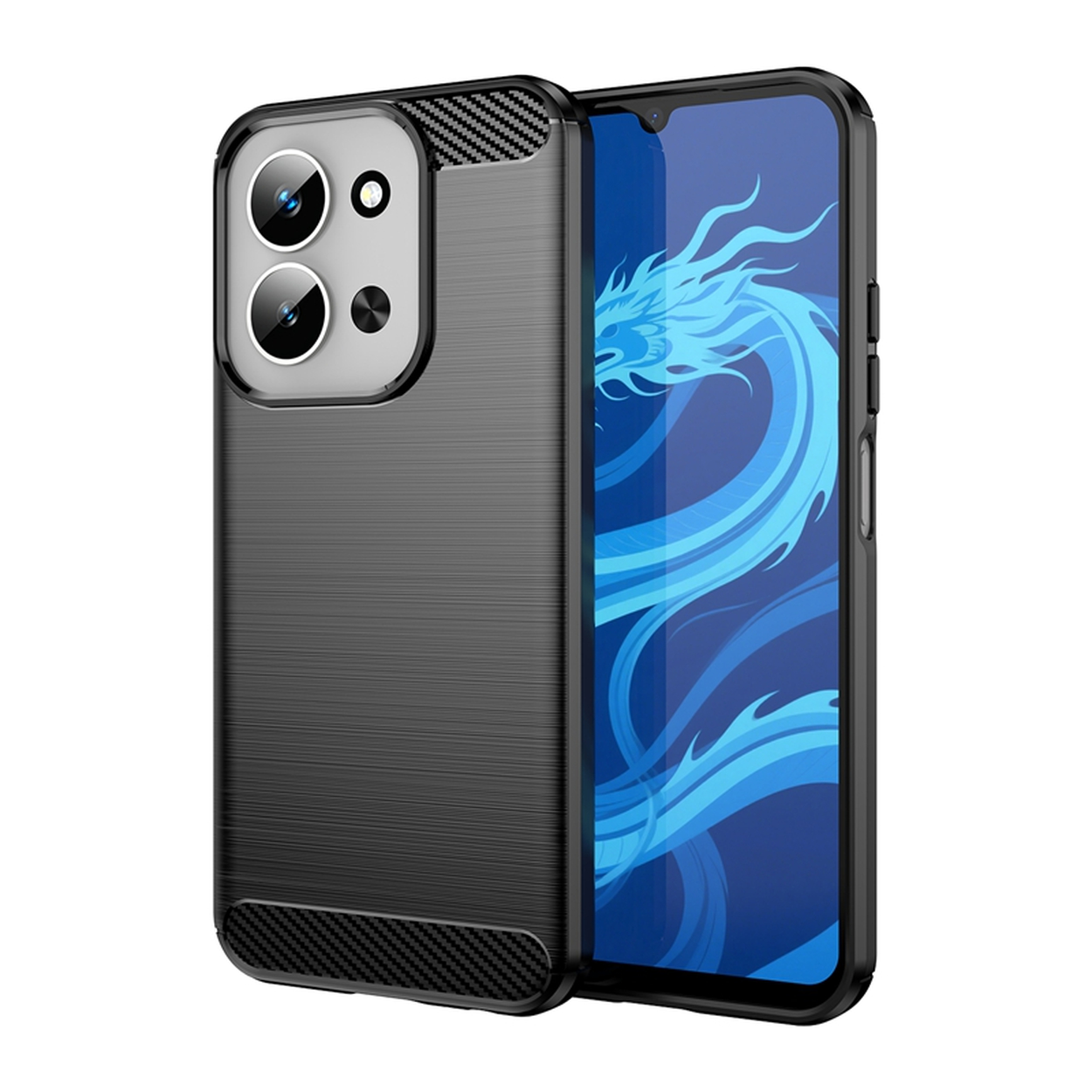 Een zwarte telefoonhoes met een getextureerde achterkant en een scherm met een blauwe draak. De hoes heeft meerdere cameralenzen.