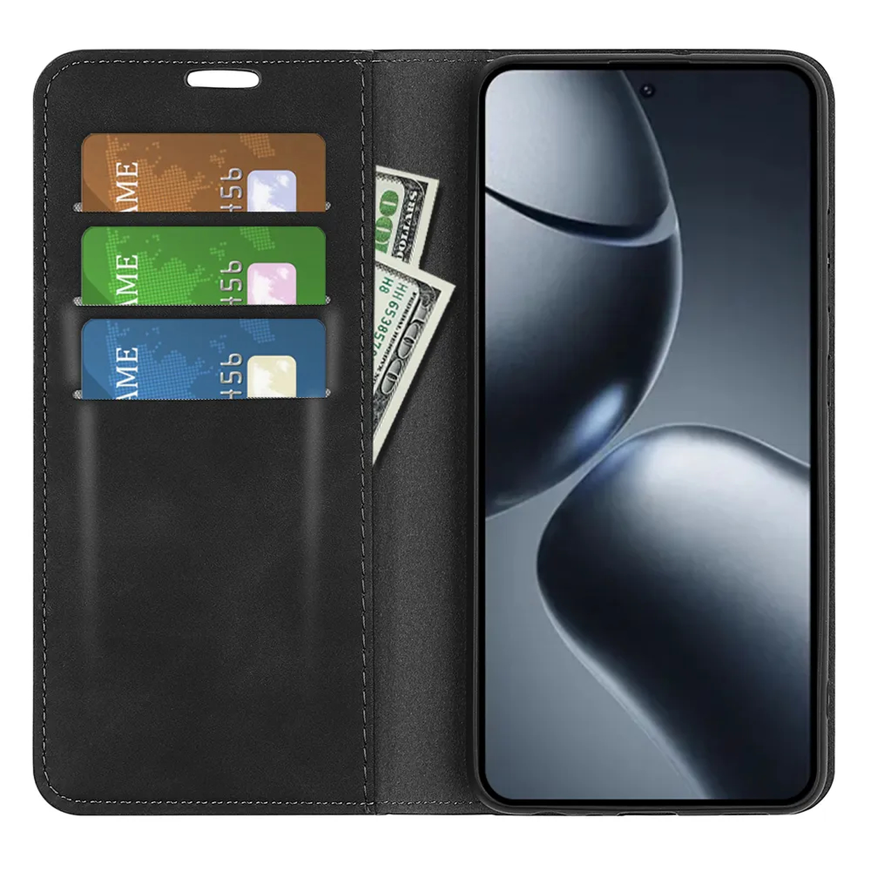 Zwarte telefoonhoes met creditcardvakjes en een smartphone. Kaarten zijn bruin, groen en blauw. US dollar biljetten in de gleuf.