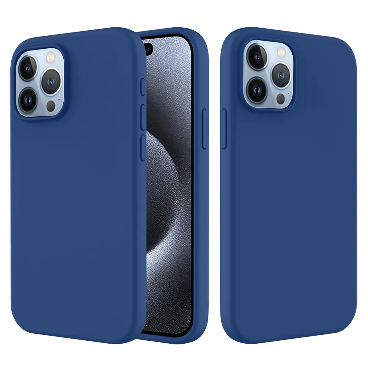 Drie blauwe telefoonhoesjes. Eén met telefoon erin. Hoesjes hebben camera-uitsparingen. Telefoonscherm is zichtbaar.