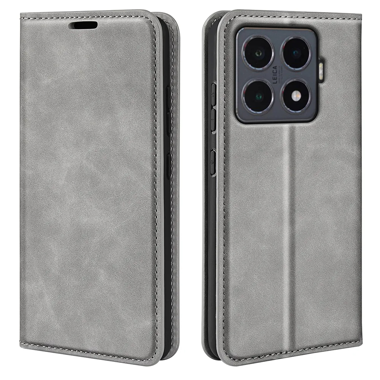 Un étui de téléphone gris est ouvert, révélant un téléphone avec une configuration de caméra Leica. L'étui est en simili cuir avec des coutures.