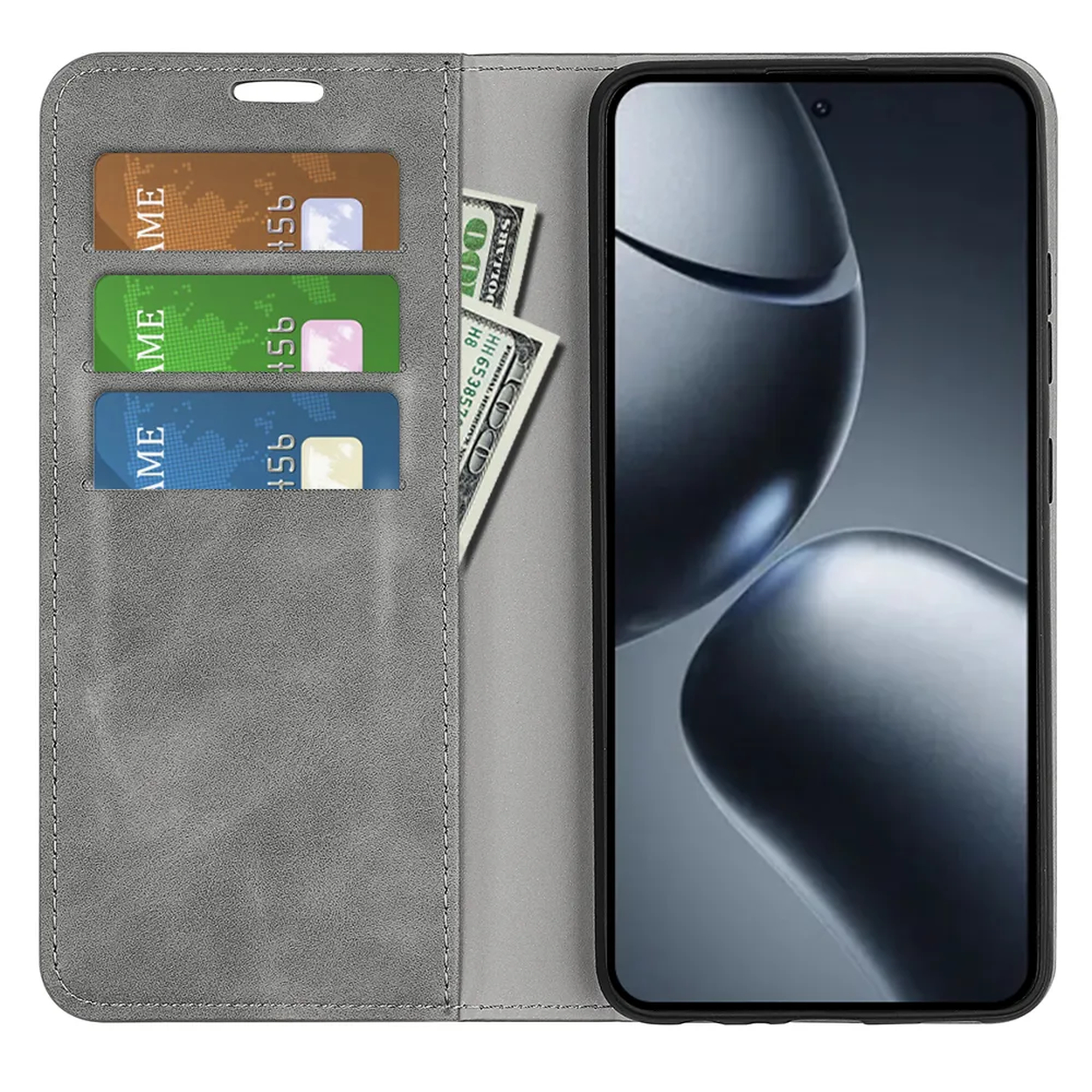 Étui de téléphone gris avec fentes pour cartes de crédit et smartphone. Deux billets de cent dollars sont insérés. L'écran affiche un design gris.