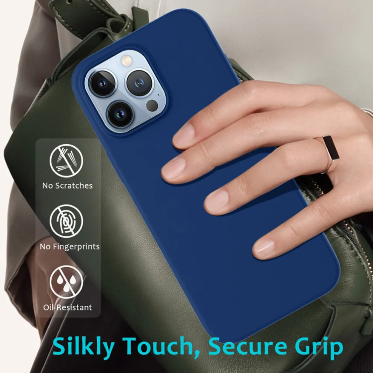 Een hand houdt een blauwe telefoonhoes vast. Tekst: 'Silky Touch, Secure Grip'. Pictogrammen tonen kras-, vingerafdruk- en oliebestendigheid.