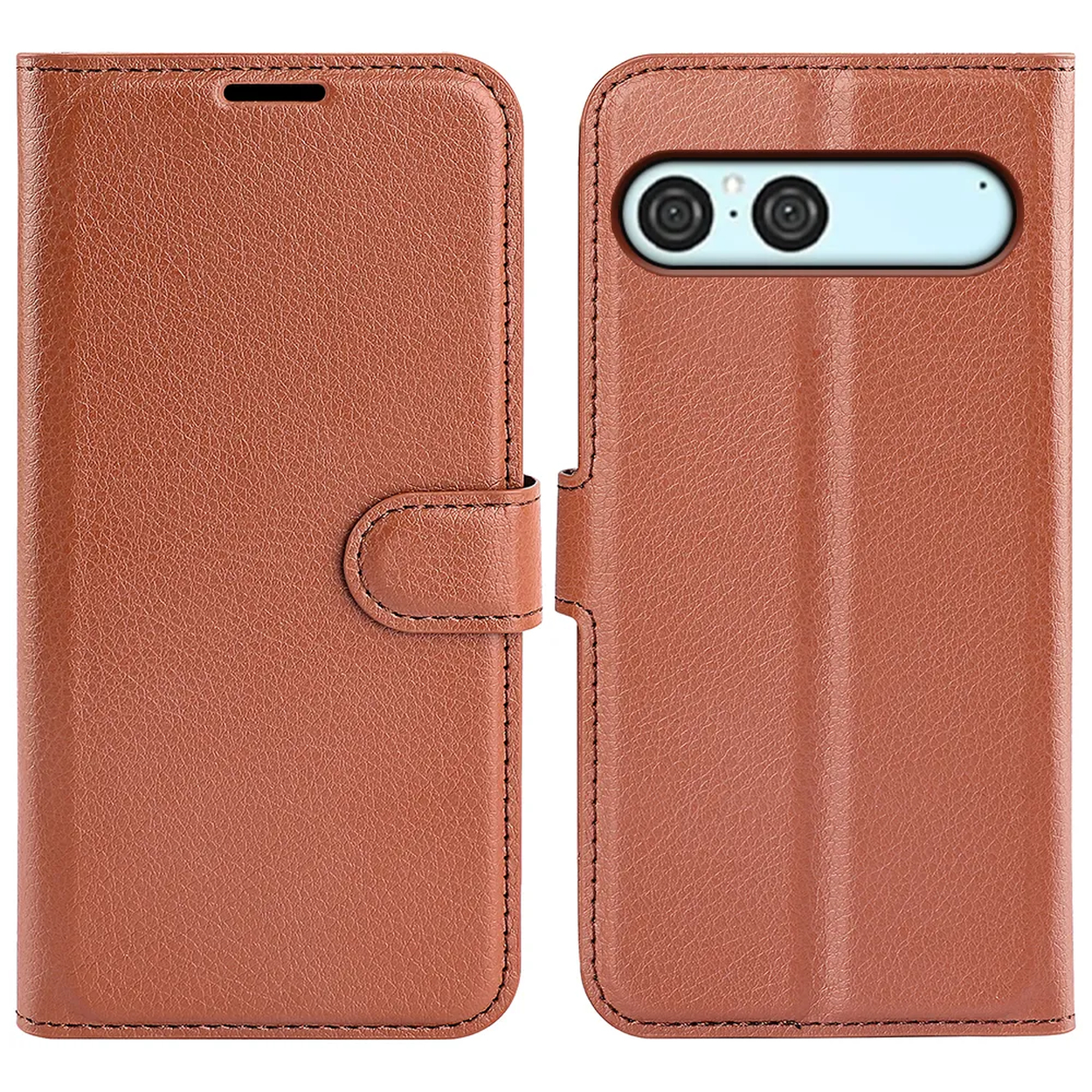 Bruine leren telefoonhoes, open. Het heeft een magnetische sluiting en ruimte voor een telefoon met cameralenzen aan de achterkant.