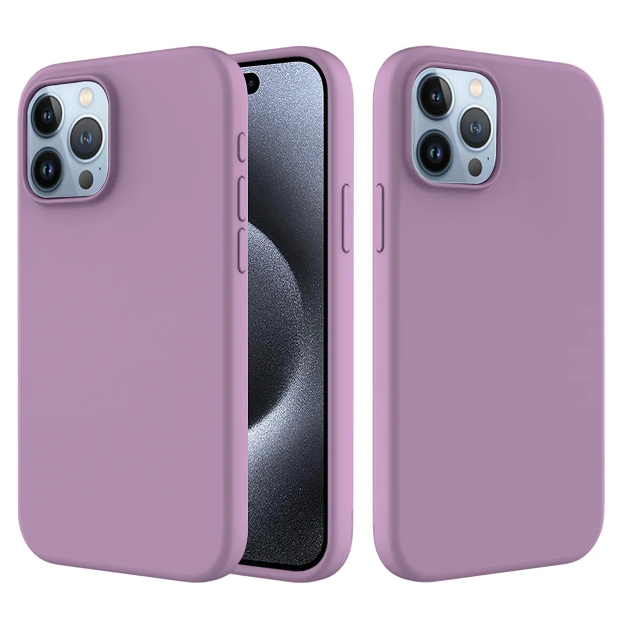 Drie lavendelkleurige telefoonhoesjes, één met de telefoon erin. Elke hoes heeft camera-uitsparingen. De achtergrond is effen.