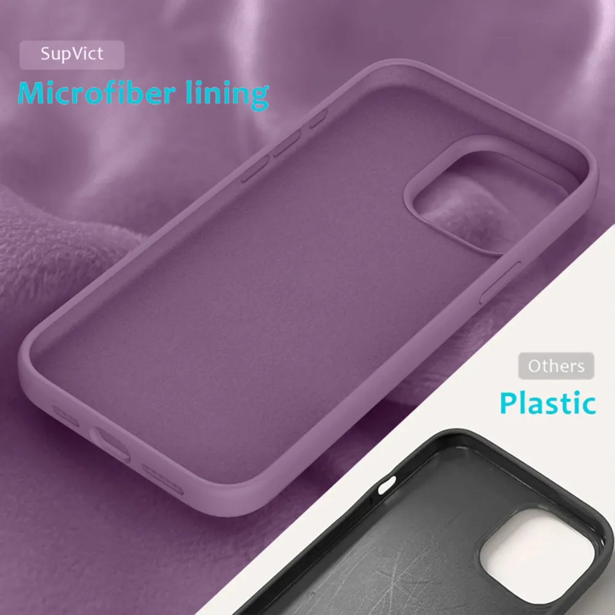 Een paarse telefoonhoes met microvezelvoering wordt weergegeven. De achtergrond toont een zachte, paarse textuur. Er is ook een zwarte plastic hoes zichtbaar.
