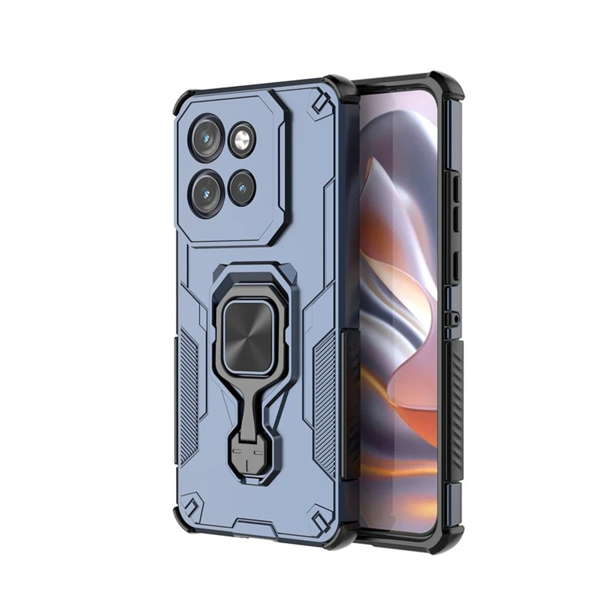 Un étui de téléphone bleu avec un support de bague et des découpes pour l'appareil photo est montré. L'écran du téléphone est visible à droite.