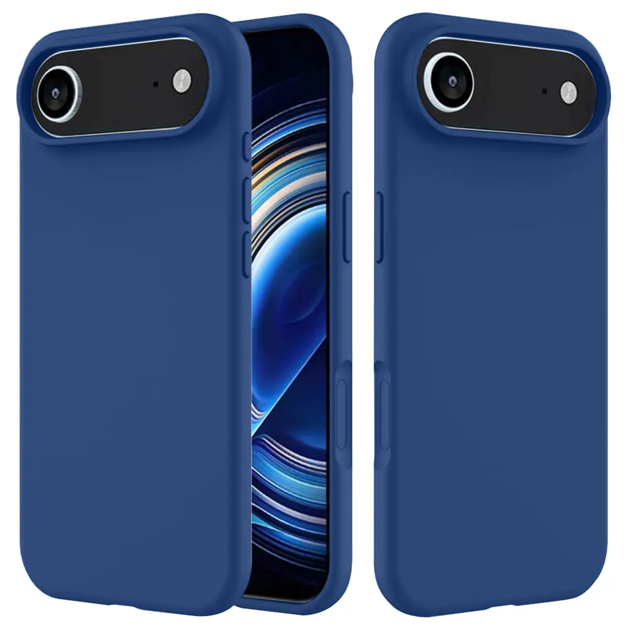 Trois étuis bleus pour téléphone. Un ouvert avec un écran bleu et blanc. Deux fermés, montrant caméra et flash.