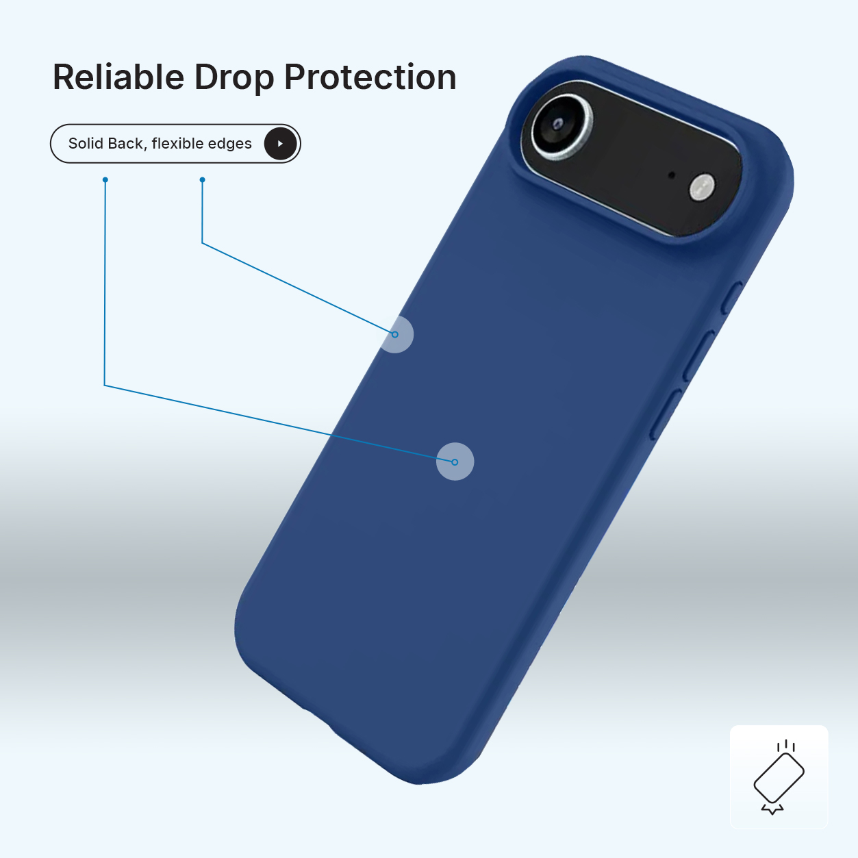 Une coque de téléphone bleu foncé. Le texte indique 'Protection fiable contre les chutes'. Lignes vers l'arrière et les bords souples.