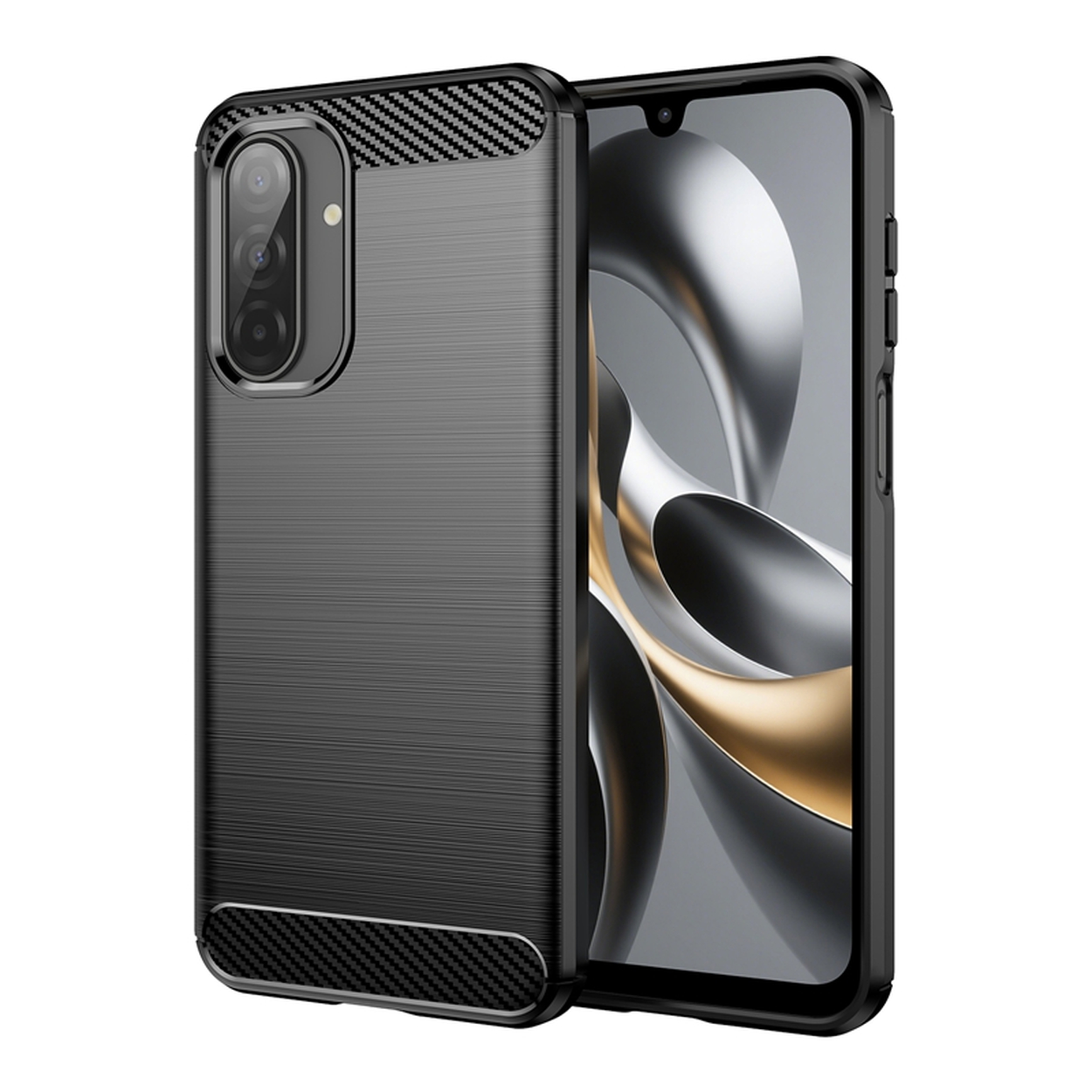 Zwarte smartphone met beschermhoes. De hoes heeft een koolstofvezeltextuur en een cameramodule. Het scherm toont een metalen ontwerp.