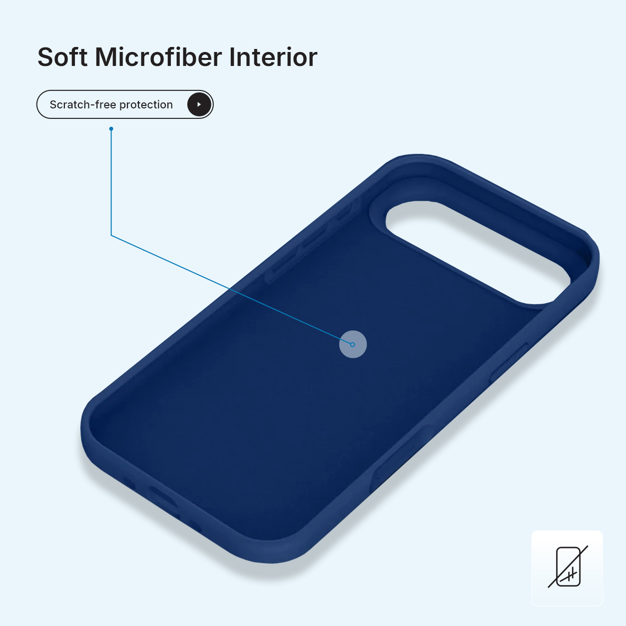 Une coque de téléphone bleu foncé sur fond bleu clair. Le texte indique 'Soft Microfiber Interior' et 'Scratch-free protection'.