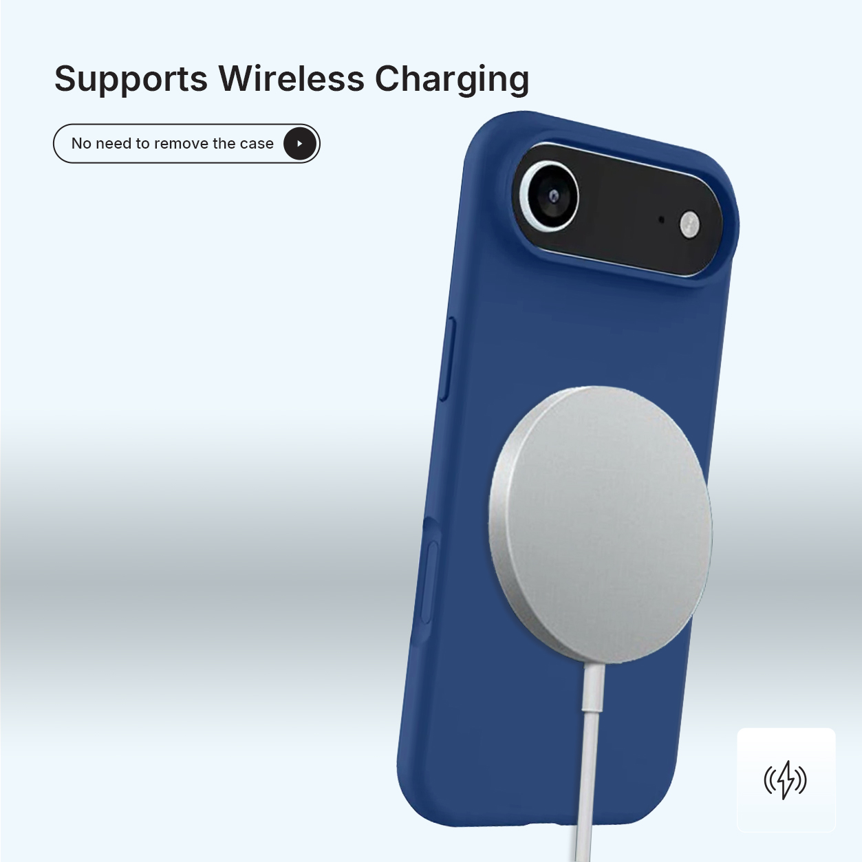 Une coque de téléphone bleue avec un chargeur circulaire blanc attaché. Le téléphone est sur un fond bleu dégradé. Le texte dit 'Prend en charge la recharge sans fil'.
