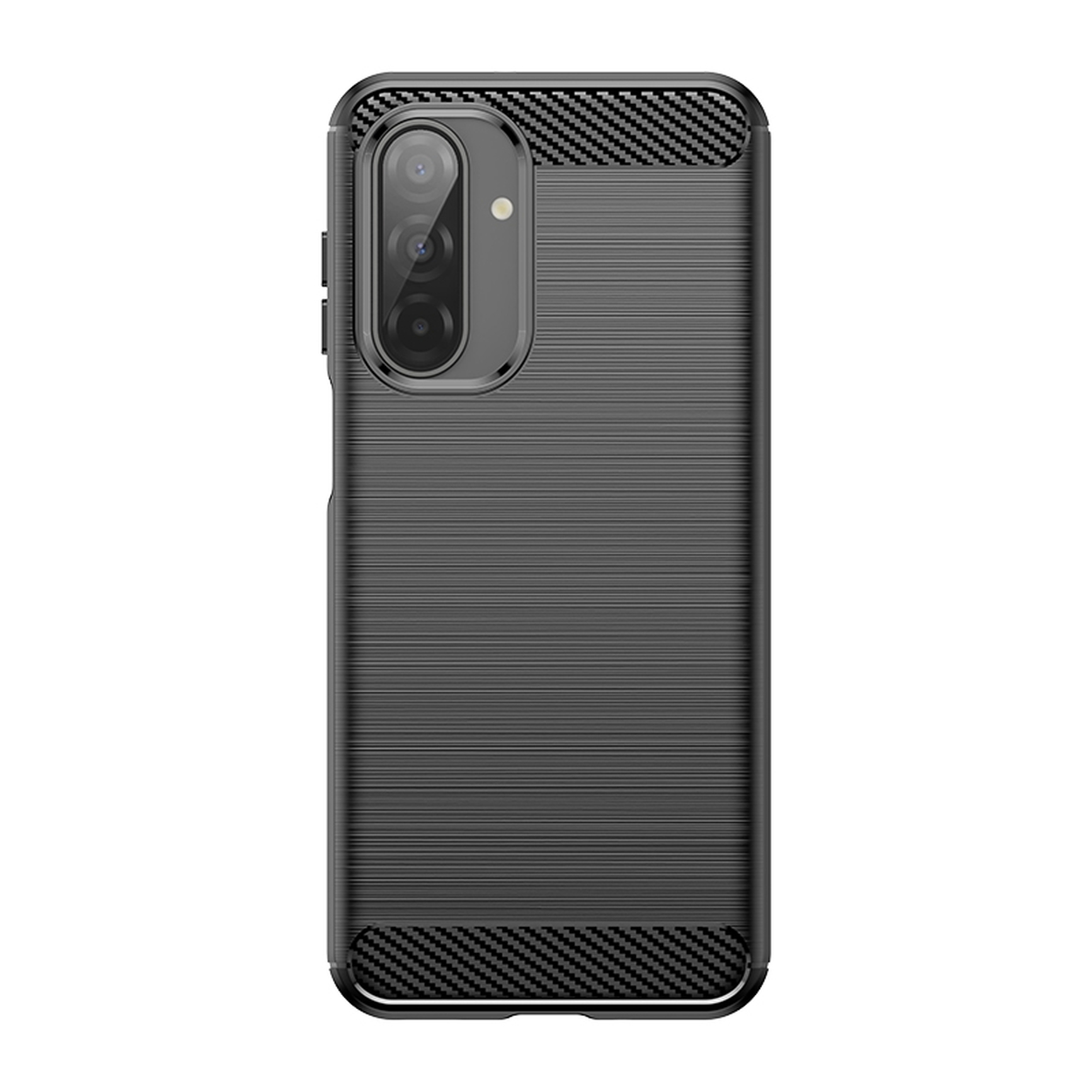 Een donkergrijze telefoonhoes met een getextureerd oppervlak en carbonvezelaccenten rond de randen. Camera en knoppen zijn zichtbaar.