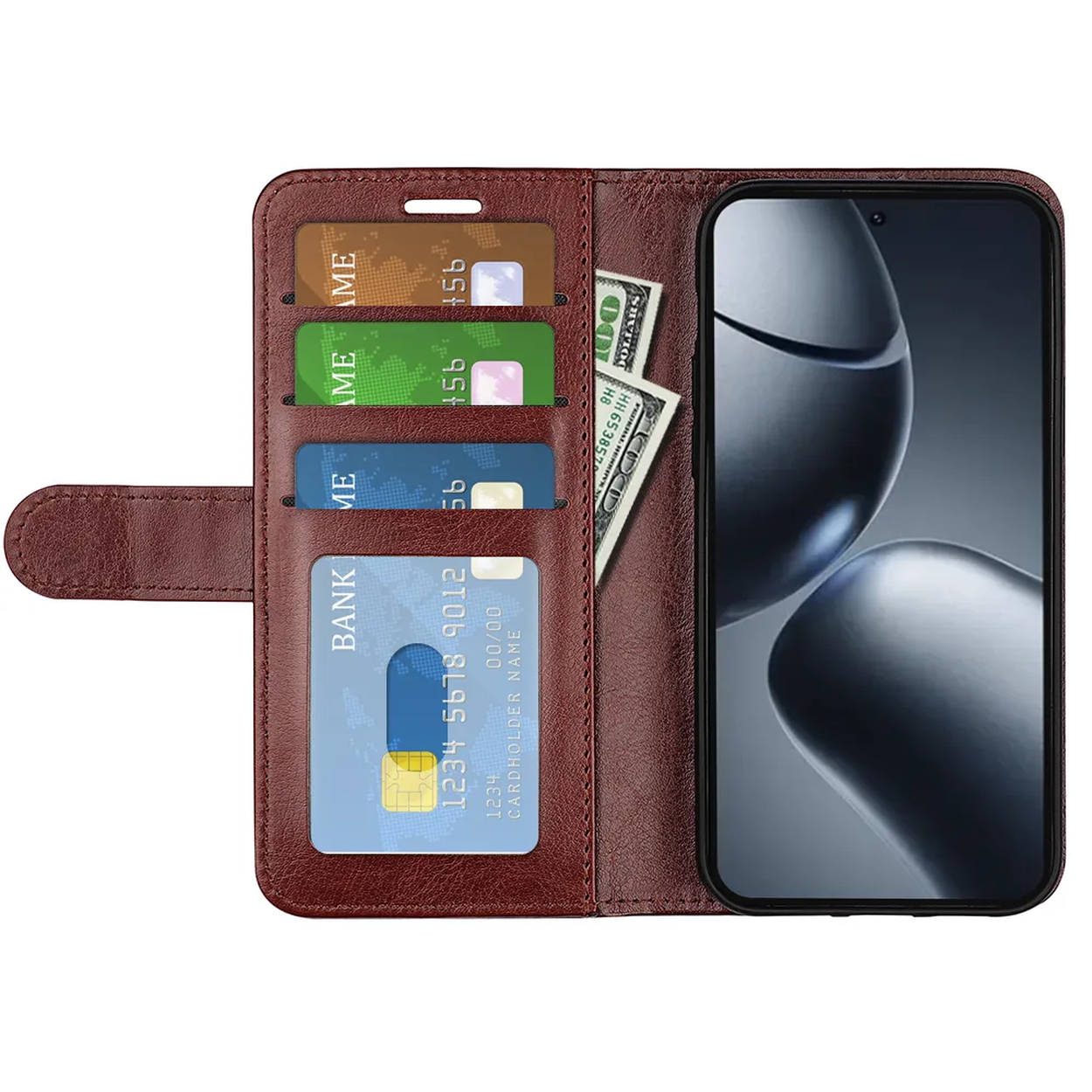 Bruine leren portemonnee met telefoon, kaarten en geld. Het telefoonscherm is zwart. Kaarten zijn groen, blauw en goud.