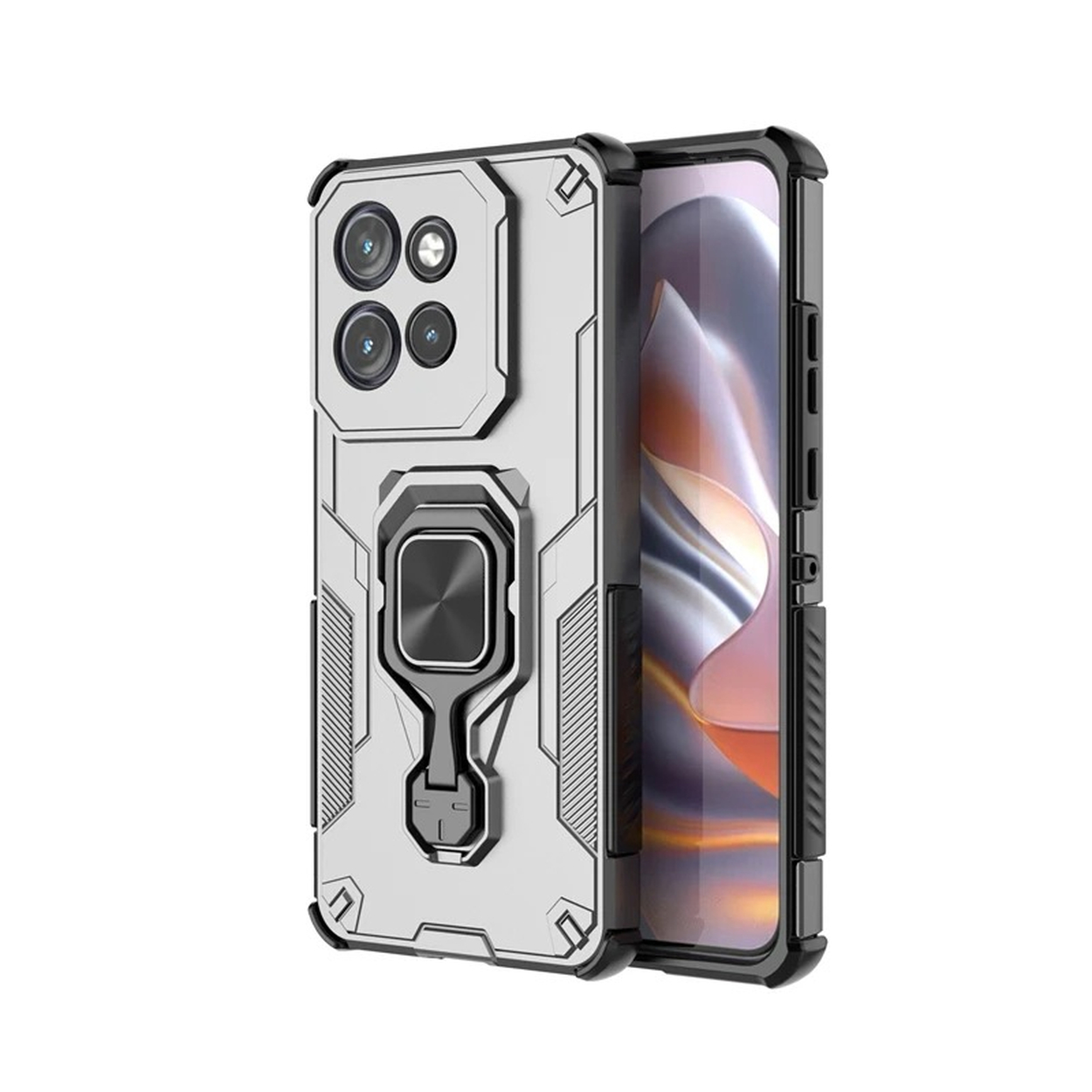 Een zilver-zwarte telefoonhoes met een ringhouder. De telefoon is rechts zichtbaar. Witte achtergrond.
