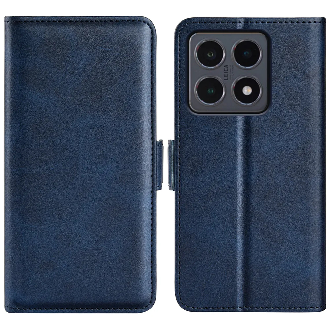 Een blauwe leren telefoonhoes, opengeklapt om de telefoon te onthullen. De telefoon heeft een cameramodule met vier lenzen en het Leica-logo.