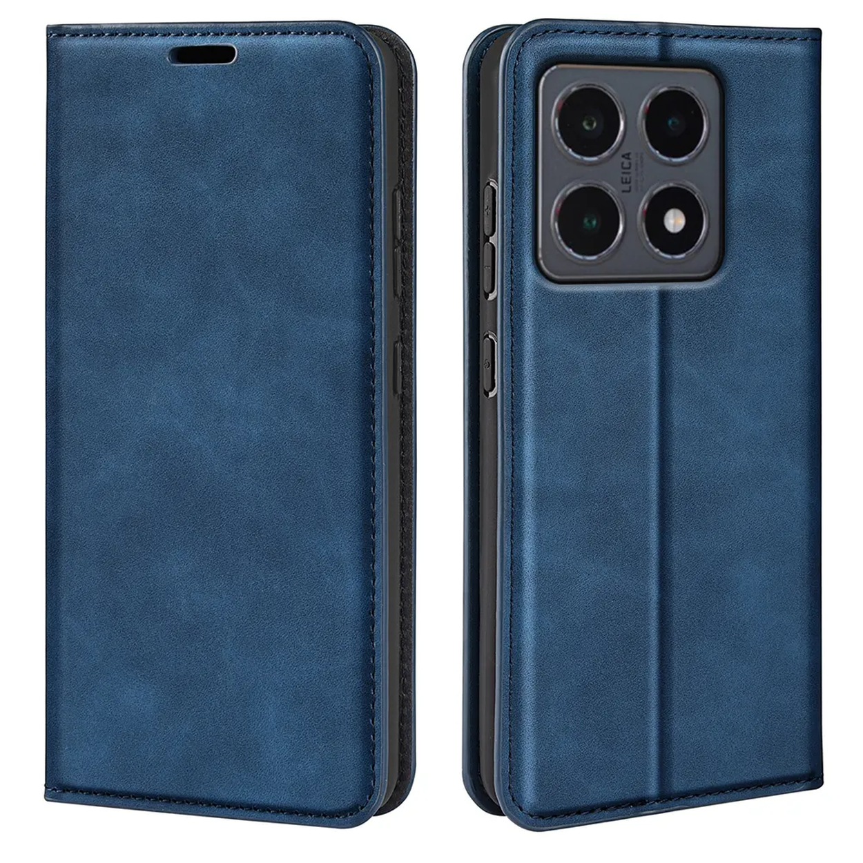 Een blauwe leren telefoonhoes, opengeklapt om een telefoon met een camera-array te onthullen. De hoes is gestikt en heeft een magnetische sluiting.