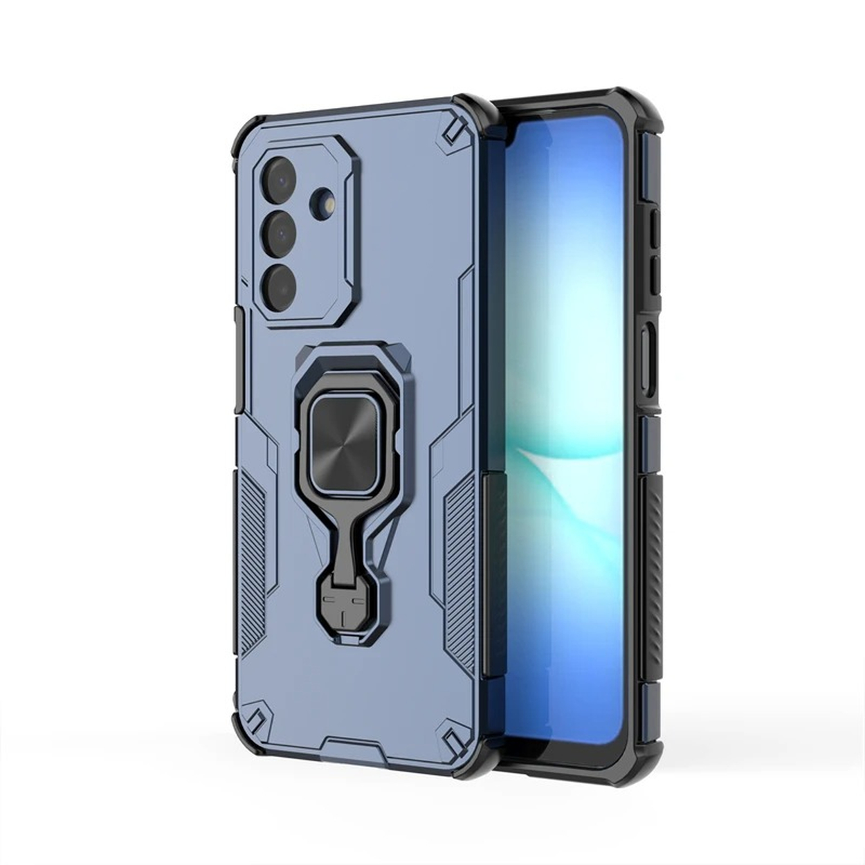 Een blauwe telefoonhoes met een zwart frame en een ringhouder wordt weergegeven. Het telefoonscherm is zichtbaar.