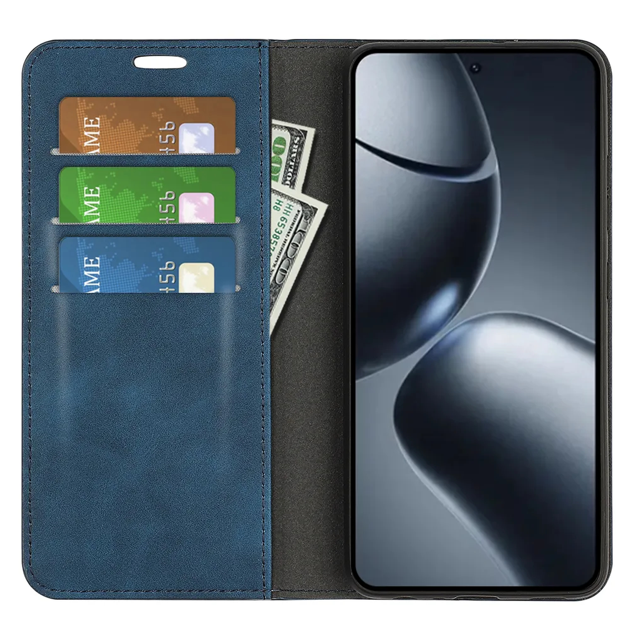 Een blauwe telefoonhoes met sleuven voor kaarten en geld. Een telefoon staat rechts. Drie kaarten en een paar dollar zijn zichtbaar.