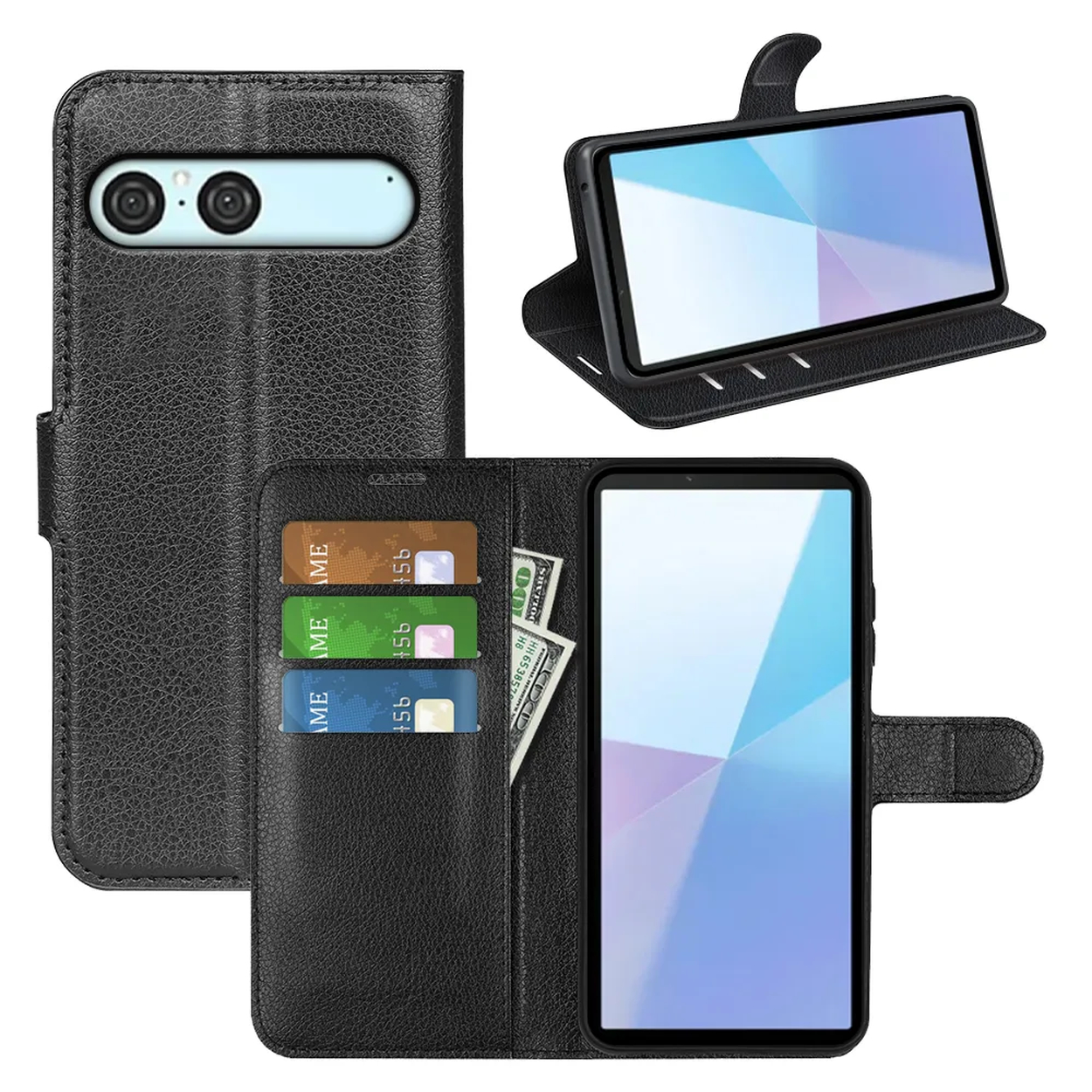 Étui de téléphone en cuir noir avec plusieurs téléphones, cartes et argent liquide. Étui ouvert avec téléphone, cartes et dollars visibles.