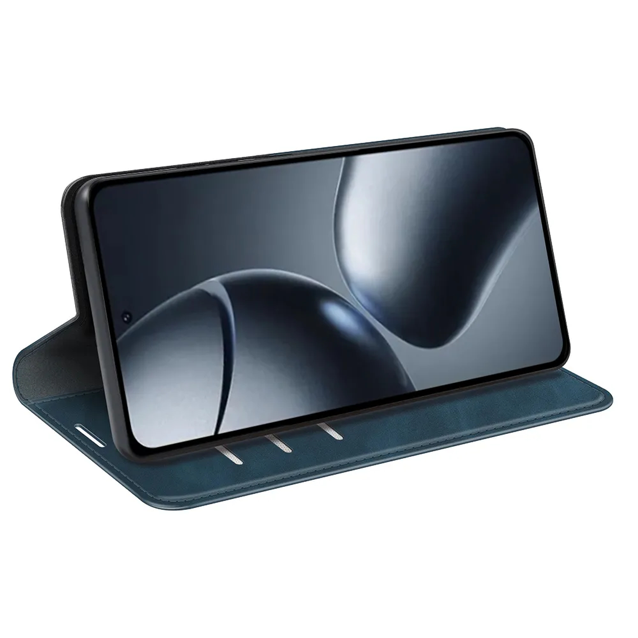 Een smartphone in een blauwe leren hoes wordt weergegeven. Het scherm toont een vage, abstracte afbeelding. De hoes is open.