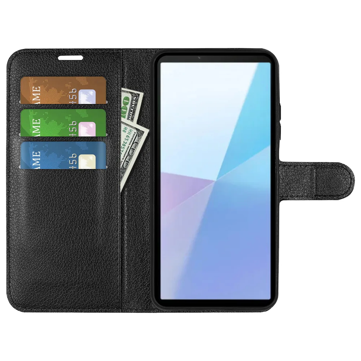 Un étui de téléphone noir avec un téléphone, des cartes de crédit et un billet de cent dollars à l'intérieur. L'étui est ouvert.
