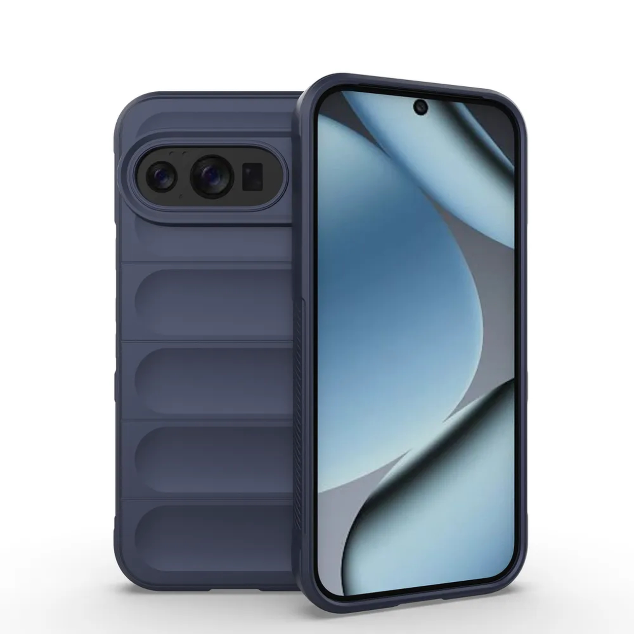 Een marineblauwe telefoon met hoesje. De telefoon heeft een scherm met een blauw-wit ontwerp. De hoes heeft een gestructureerde achterkant.