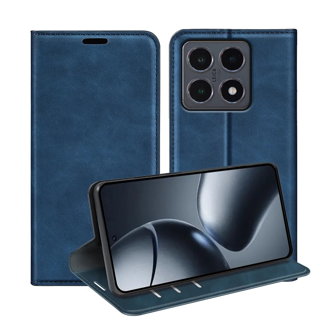 Er wordt een blauwe telefoonhoes getoond, met een smartphone erin. De hoes is open en het scherm toont een onscherpe afbeelding.