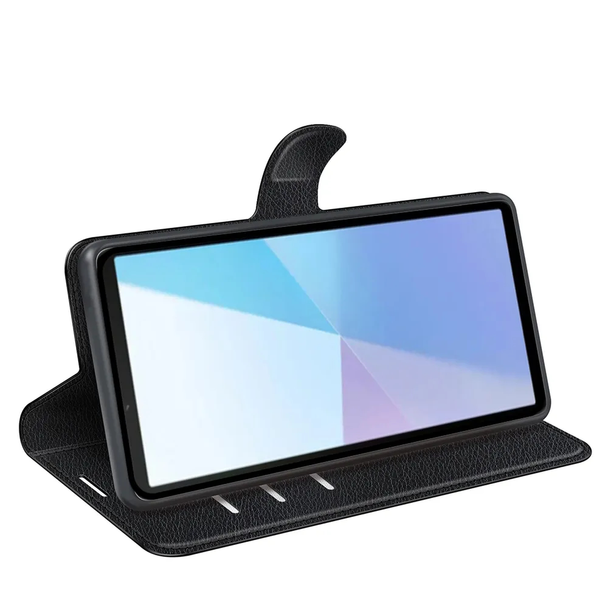 Étui de téléphone noir ouvert avec téléphone à l'intérieur. Le téléphone a un écran abstrait et coloré. L'étui a un rabat magnétique.