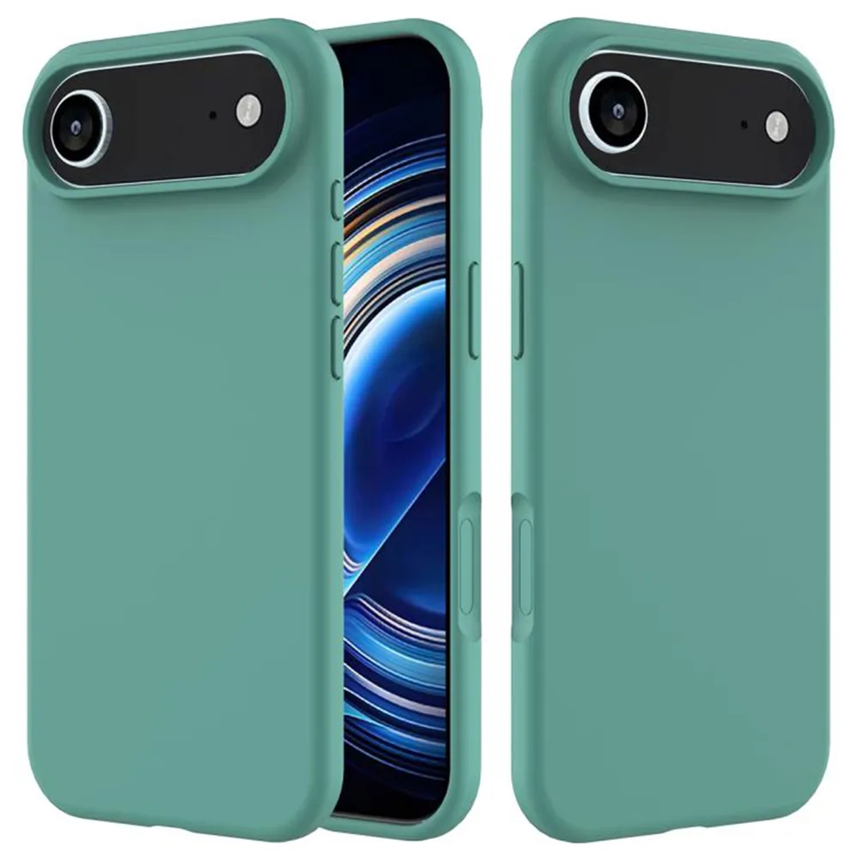 Trois étuis de téléphone vert d'eau. Un ouvert avec un écran bleu, deux fermés. Chacun a une découpe pour l'appareil photo et des boutons latéraux.