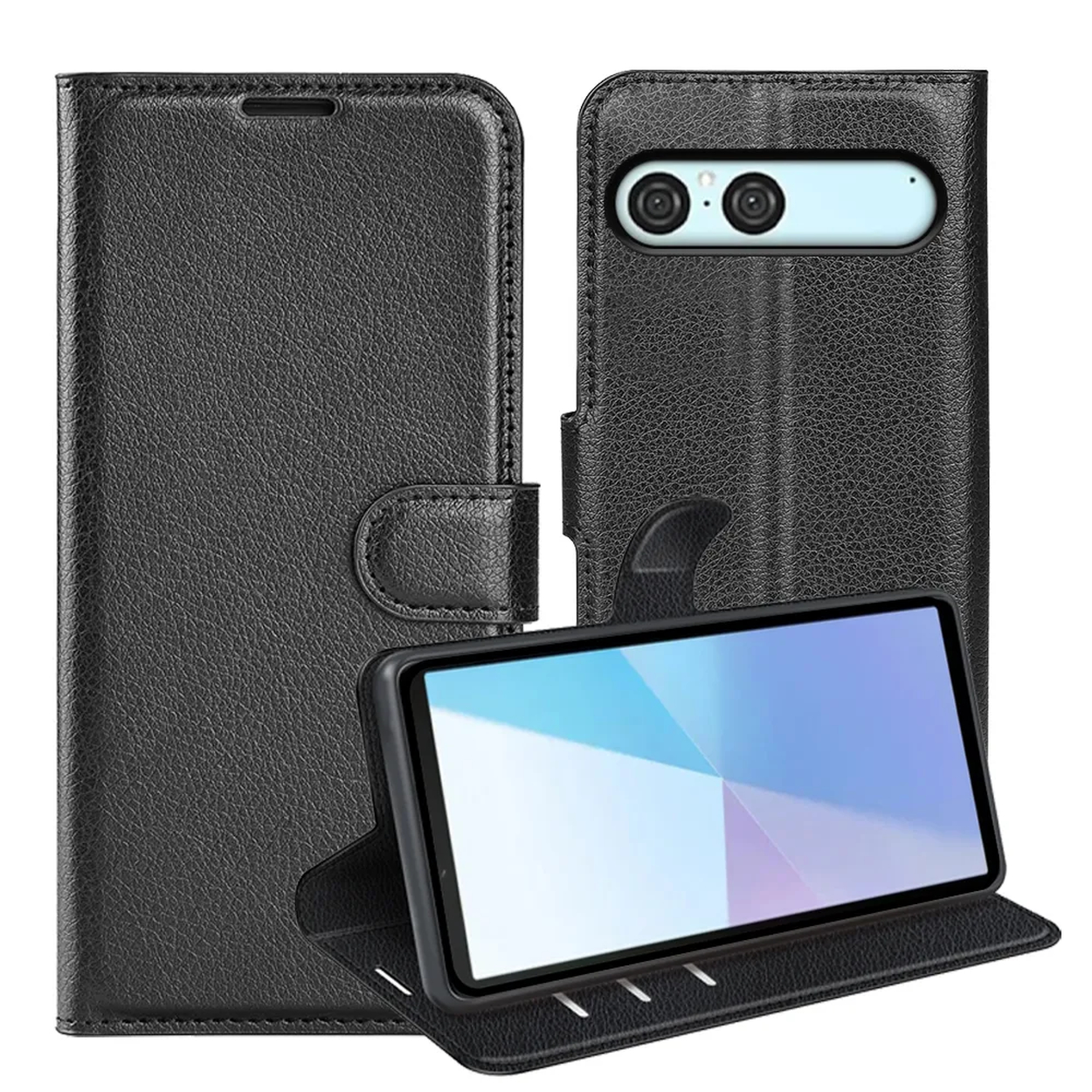 Un étui de téléphone en cuir noir avec un téléphone ouvert. L'écran affiche un dégradé bleu et violet.