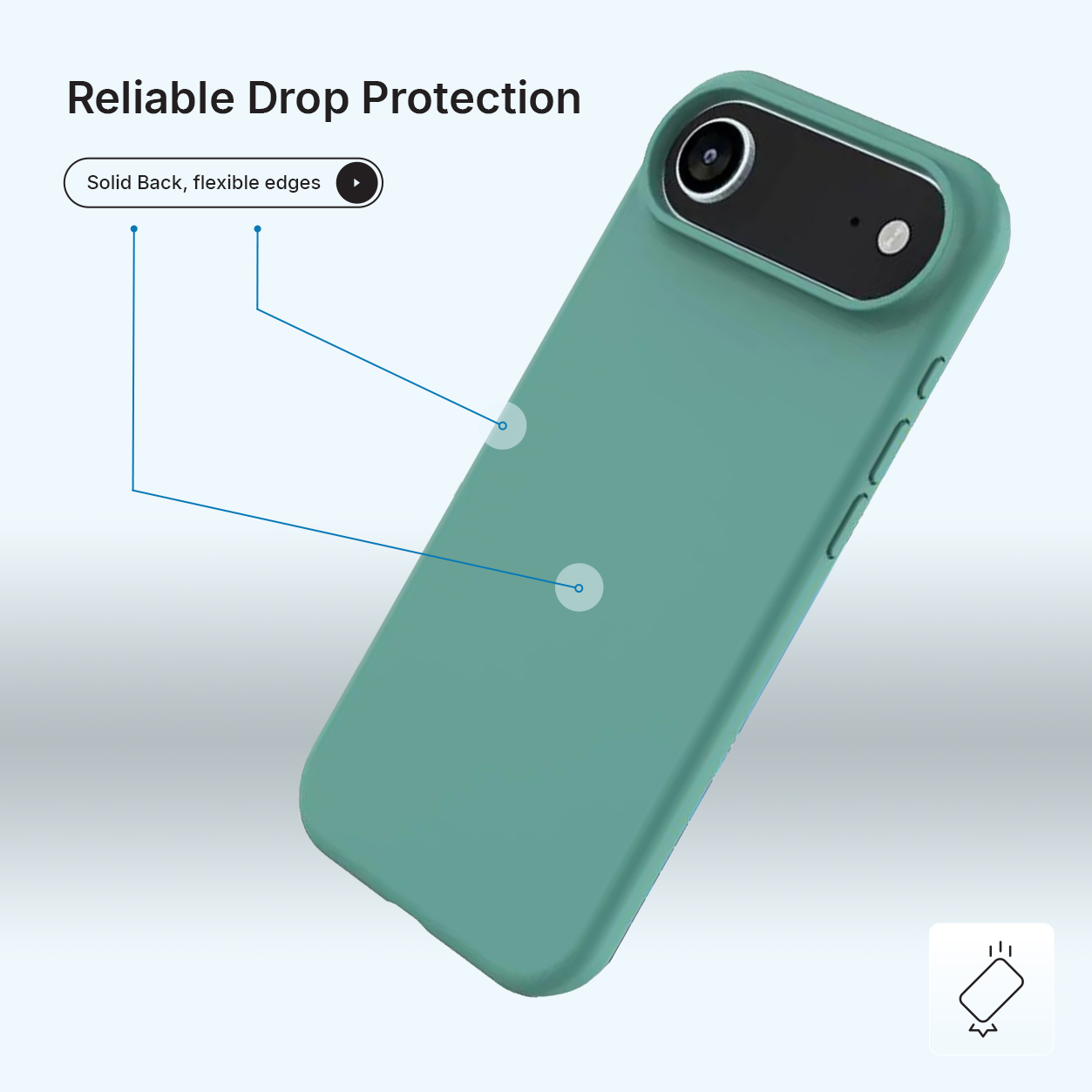 Une coque de téléphone vert-bleu avec une découpe pour l'appareil photo est présentée, soulignant la « Protection fiable contre les chutes ». Le texte indique un dos solide et des bords souples.