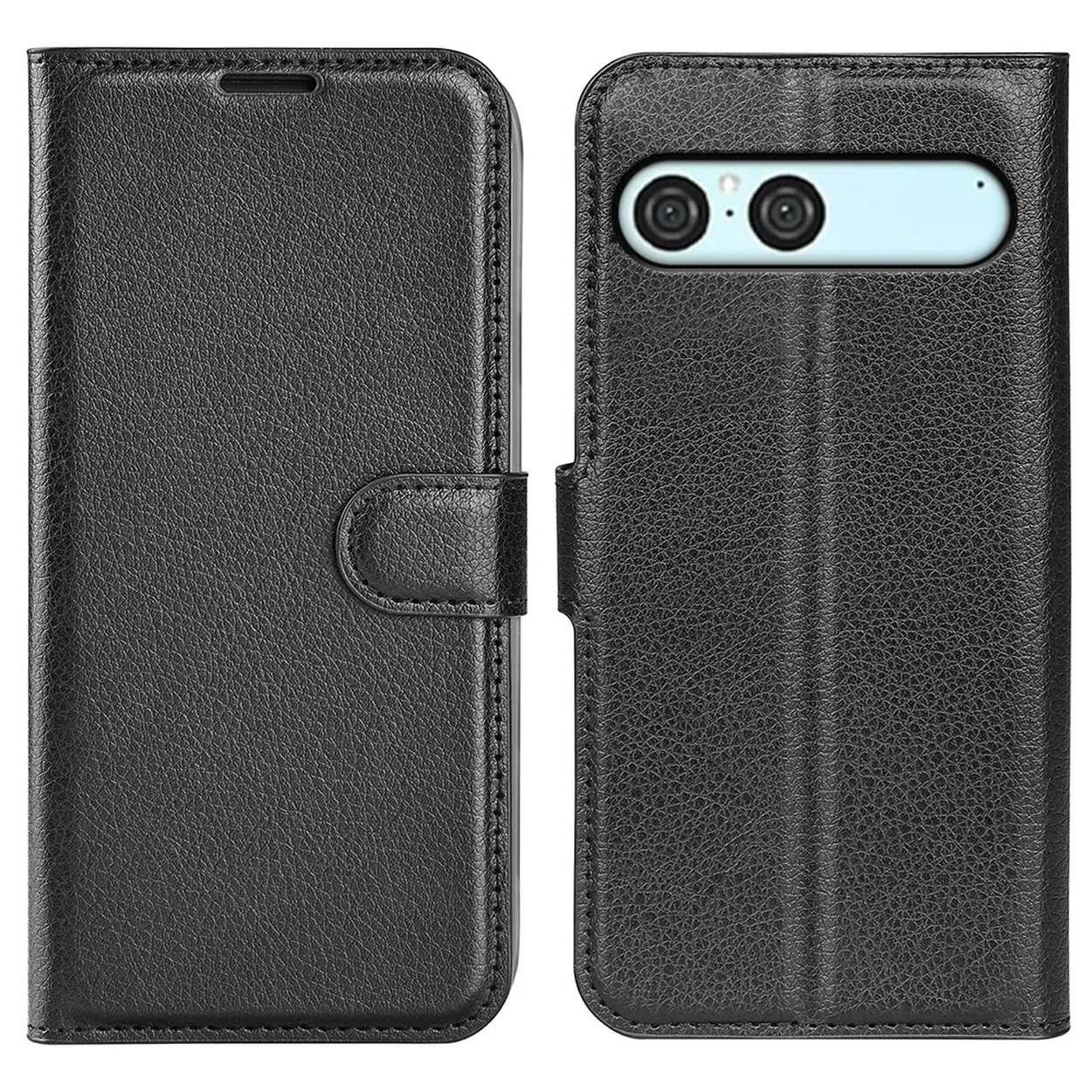 Étui de téléphone en cuir noir, avec fermoir magnétique. Le téléphone avec des lentilles de caméra est visible à l'intérieur de l'étui.