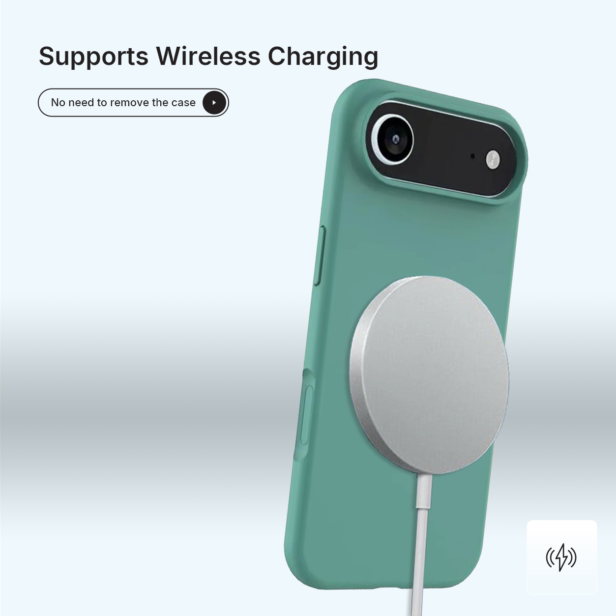 Un étui de téléphone sarcelle avec un socle de chargement argenté est affiché. L'étui a un trou pour la caméra et un câble blanc.
