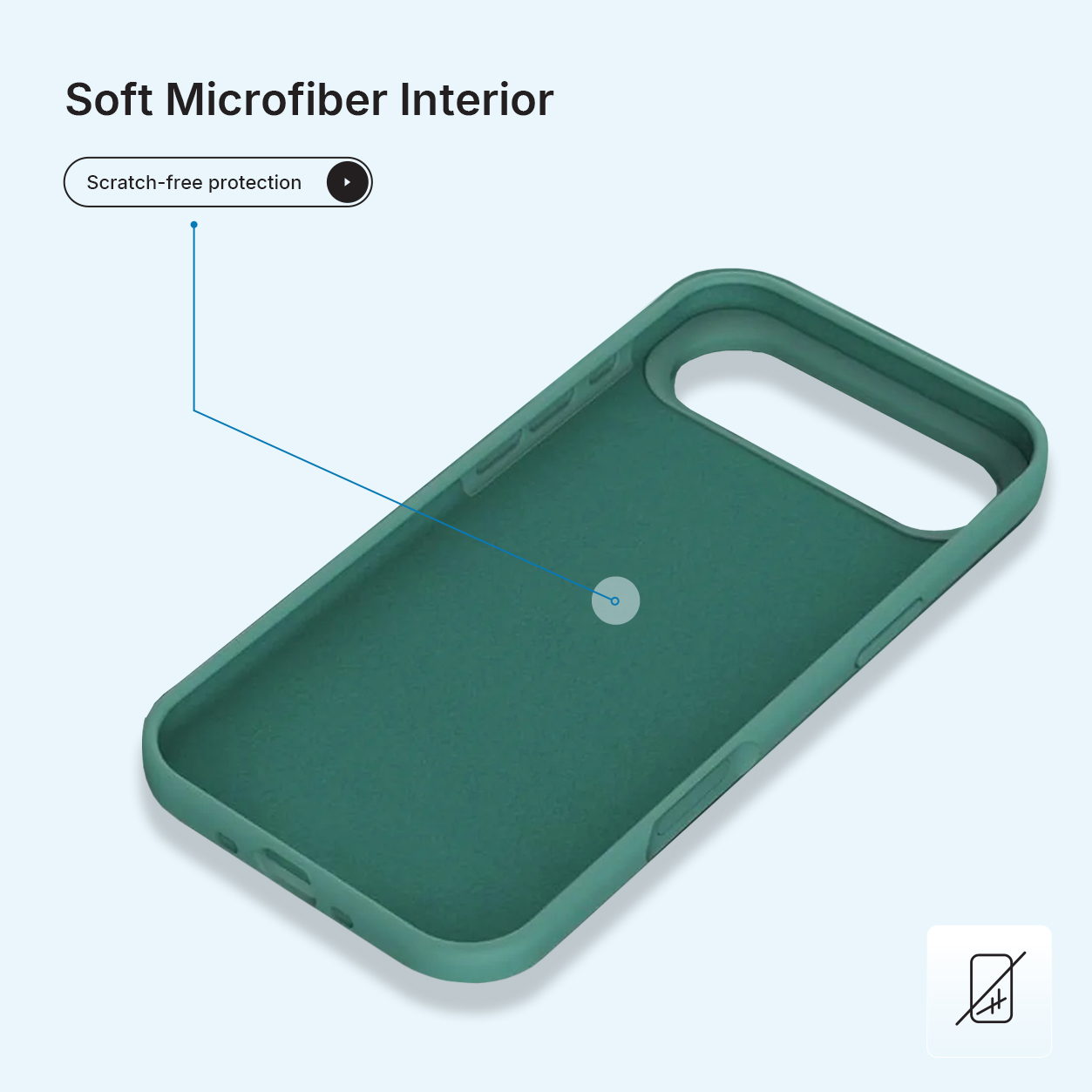 Intérieur d'étui de téléphone vert. Le texte indique 'Soft Microfiber Interior' et 'Scratch-free protection'. Ligne bleue pointe vers l'étui.