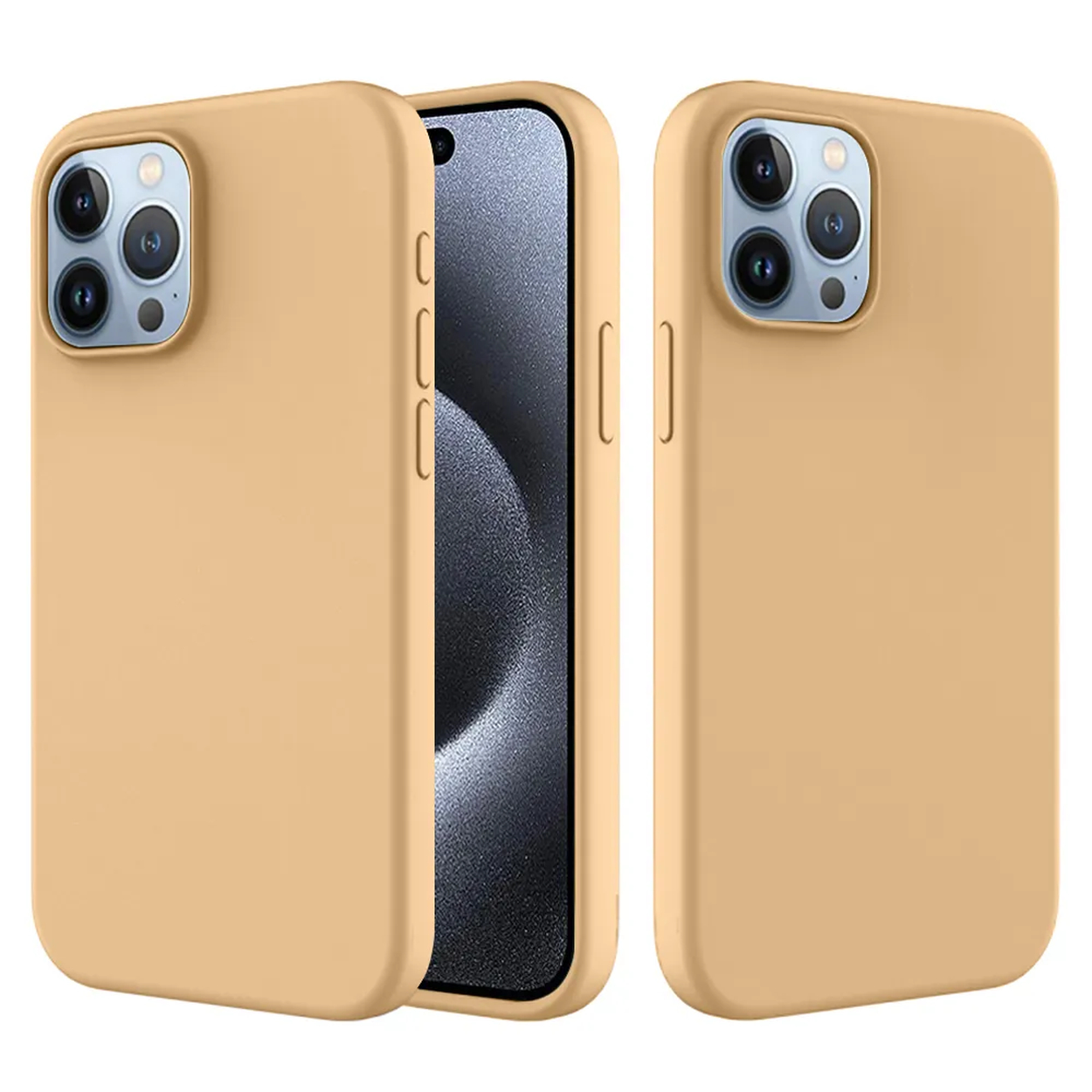 Drie beige telefoonhoesjes, één met telefoon erin, tonen camerabulten. De hoesjes zijn glad en mat.