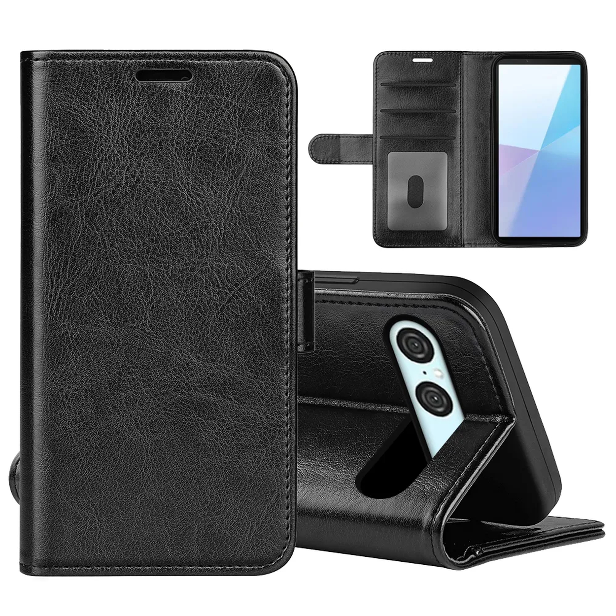 Étui de téléphone en cuir noir avec plusieurs angles de vue et poches. L'écran du téléphone est visible. Vues ouvertes et fermées sont affichées.