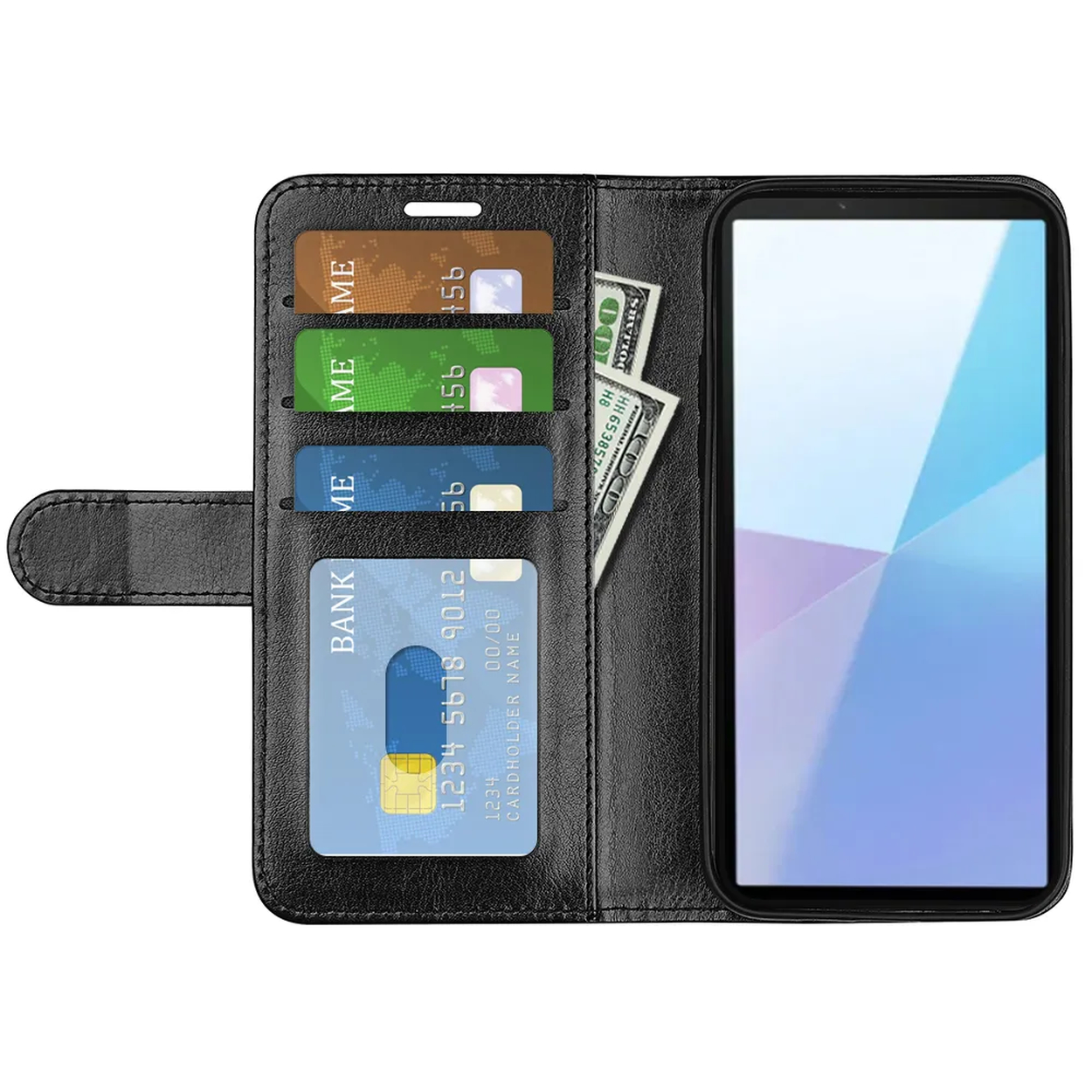 Étui portefeuille noir avec cartes, espèces et téléphone. Les cartes sont orange, vertes et bleues. L'écran du téléphone est blanc et bleu.
