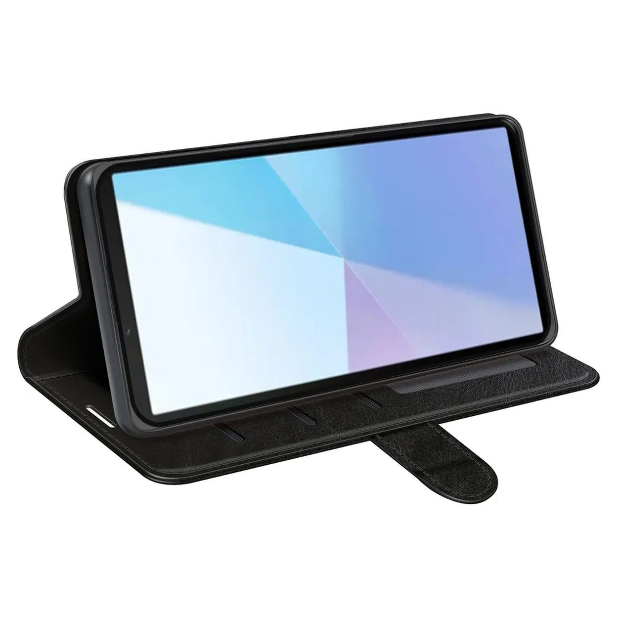 Une tablette dans un étui noir est ouverte. L'écran affiche un dégradé bleu et violet. L'étui est sur fond blanc.