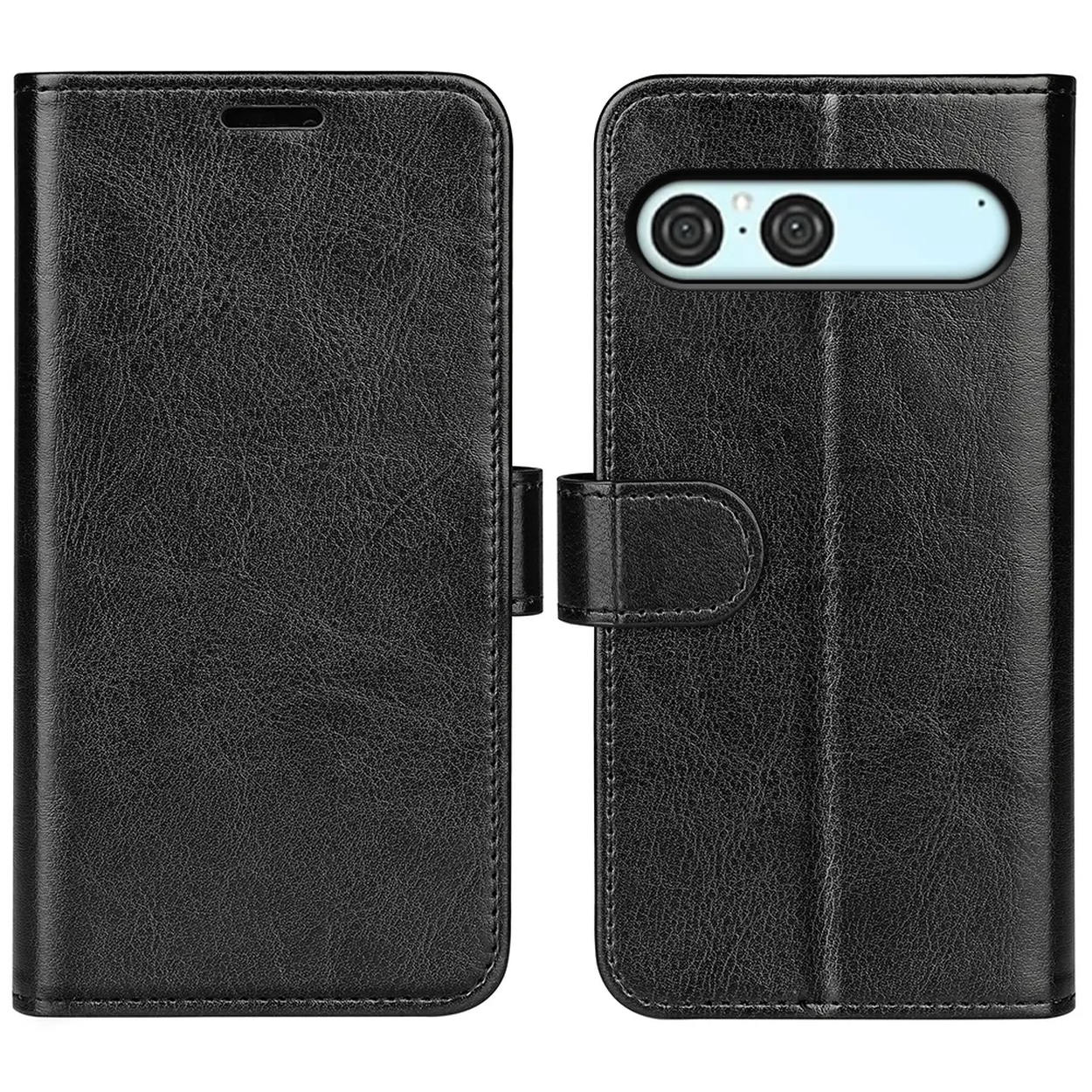 Étui de téléphone en cuir noir, ouvert. Le côté droit montre le téléphone avec des caméras. Le côté gauche est uni. Un fermoir est visible.
