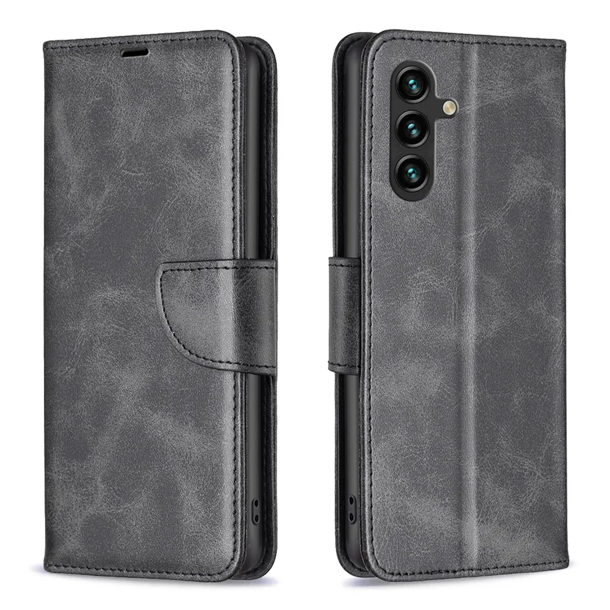 Een grijze leren telefoonhoes, open en dicht. De gesloten hoes heeft een magnetische flap. De open hoes toont de camera's van de telefoon.