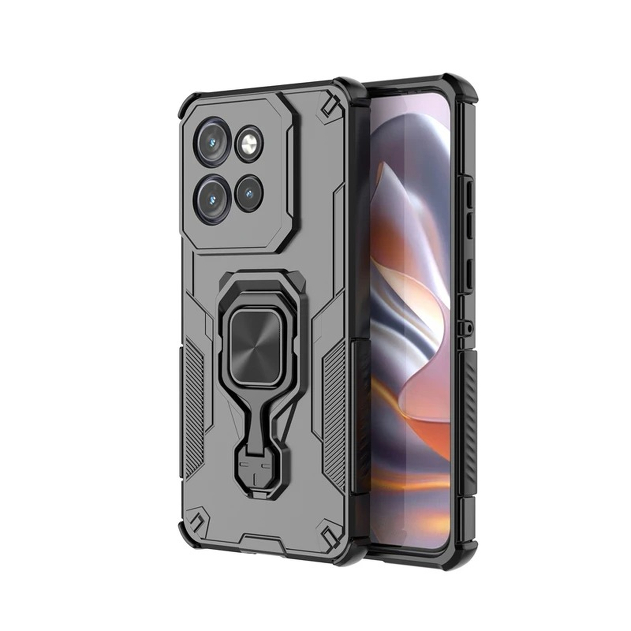 Un étui de téléphone gris avec un support de bague et une protection de caméra est affiché. Le téléphone est noir et l'écran affiche une image colorée.