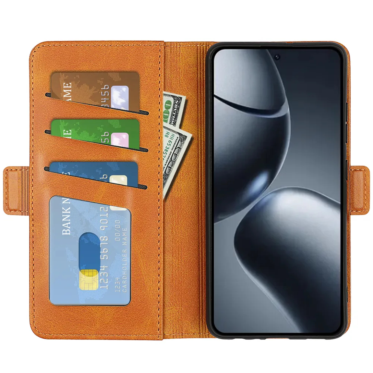 Un étui de téléphone marron ouvert, montrant un téléphone à droite, des cartes de crédit et de l'argent à gauche. L'écran est gris.