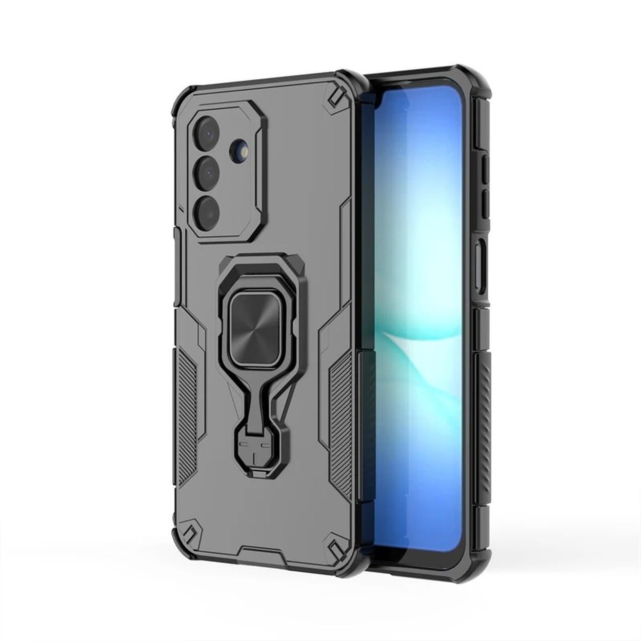 Een grijze telefoonhoes met een telefoon erin. De hoes heeft een ringhouder en drie cameraholes. Zwarte randen zijn zichtbaar.