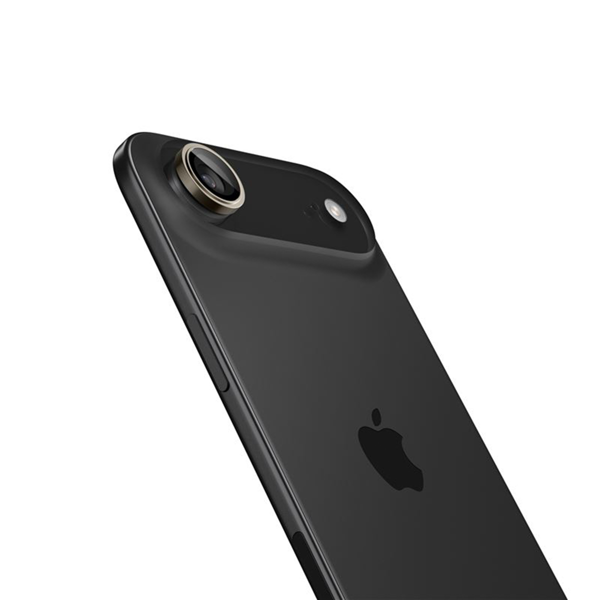 Gros plan de l'arrière d'un iPhone noir. Le logo Apple est visible. La caméra est proéminente, avec un anneau doré autour de l'objectif.